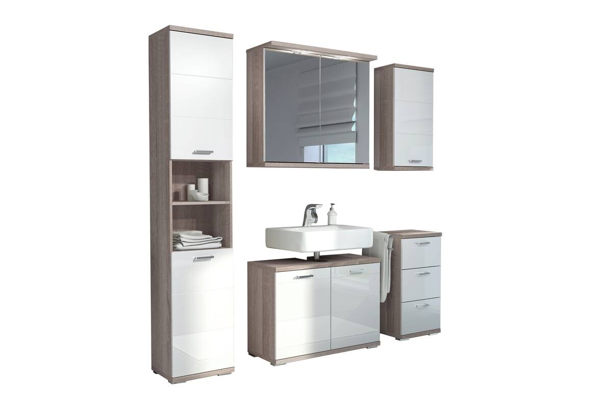 Waschbeckenunterschrank NEBRASKA Eiche Nachbildung weiß Hochglanz silber verchromt B/H/T: ca. 80x59x31,5 cm