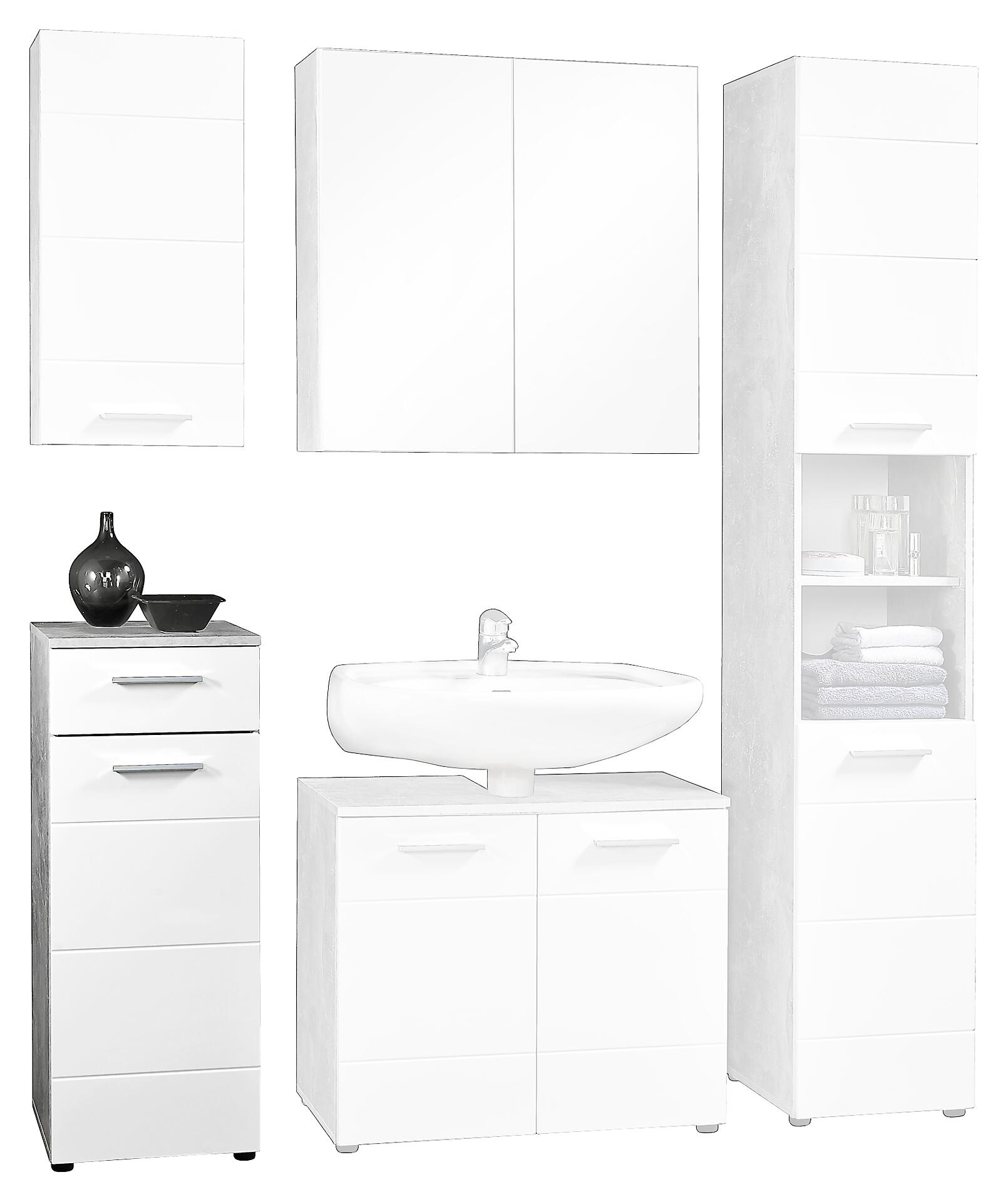 Badkommode Stockholm Beton Optik weiß Hochglanz B/H/T: ca. 35x89x35 cm