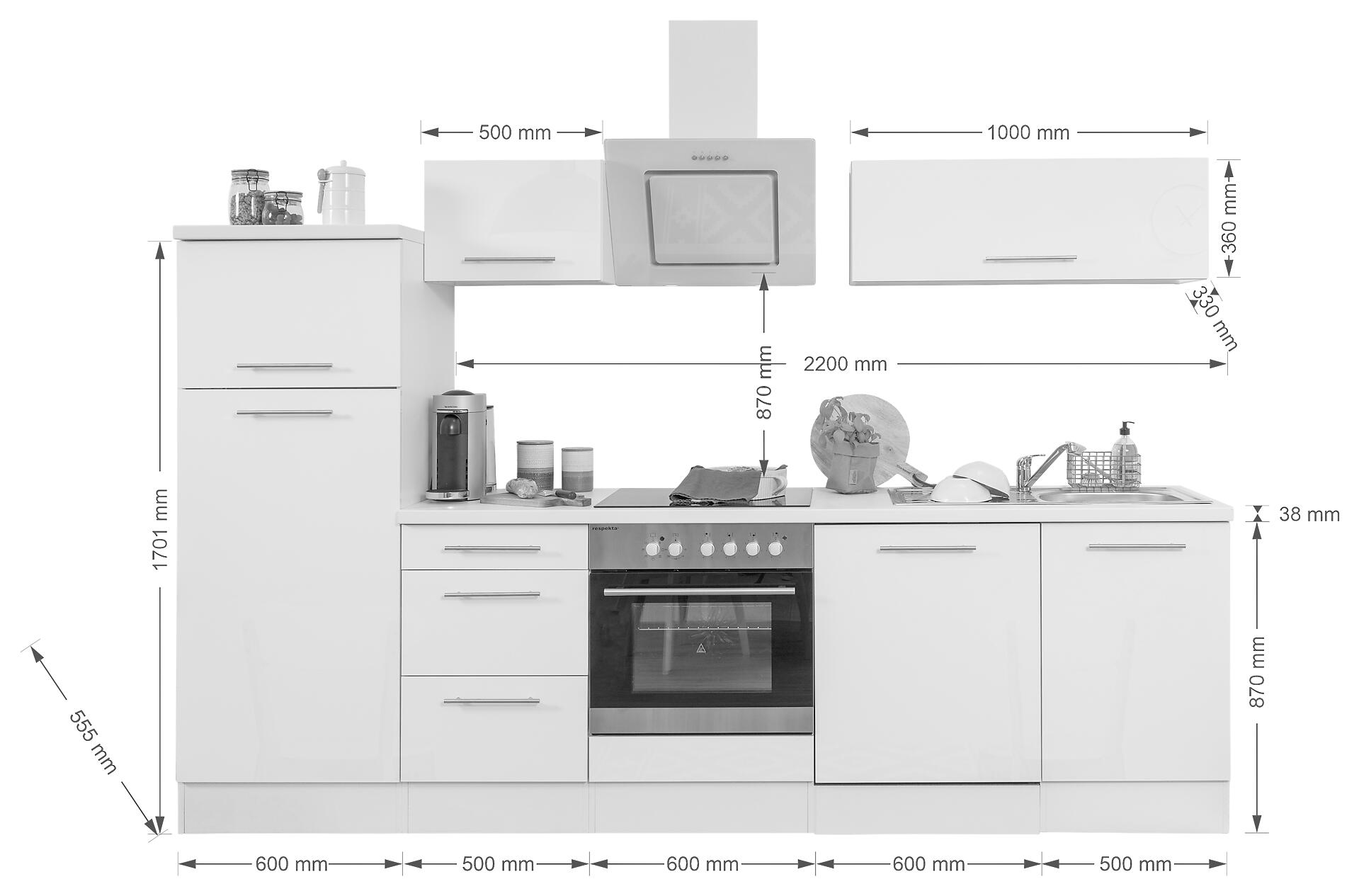 Respekta Küchenblock Premium schwarz hochglänzend B/H/T: ca. 280x200x60 cm