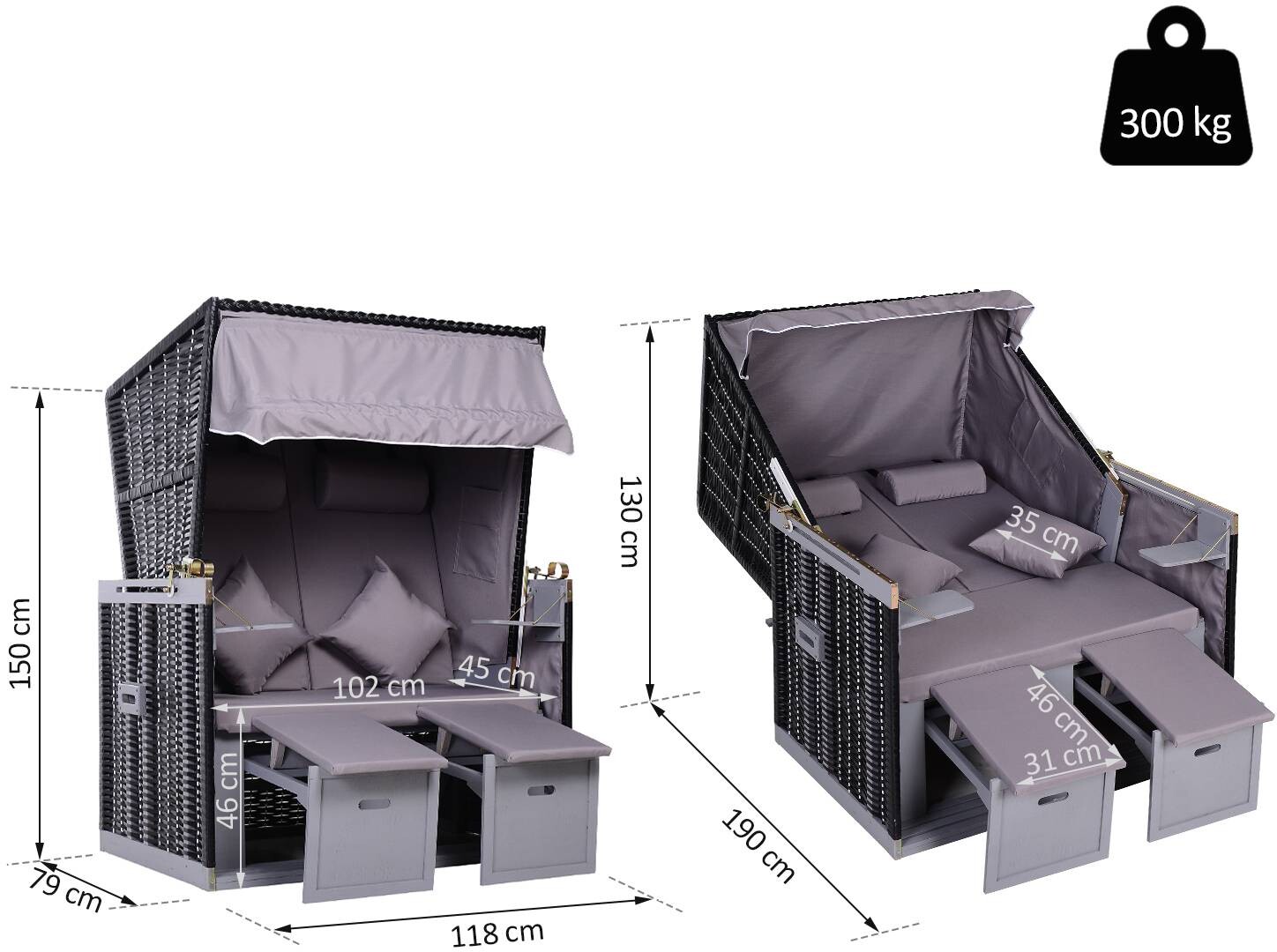 Outsunny Strandkorb grau Metall B/H/T: ca. 118x150x79 cm