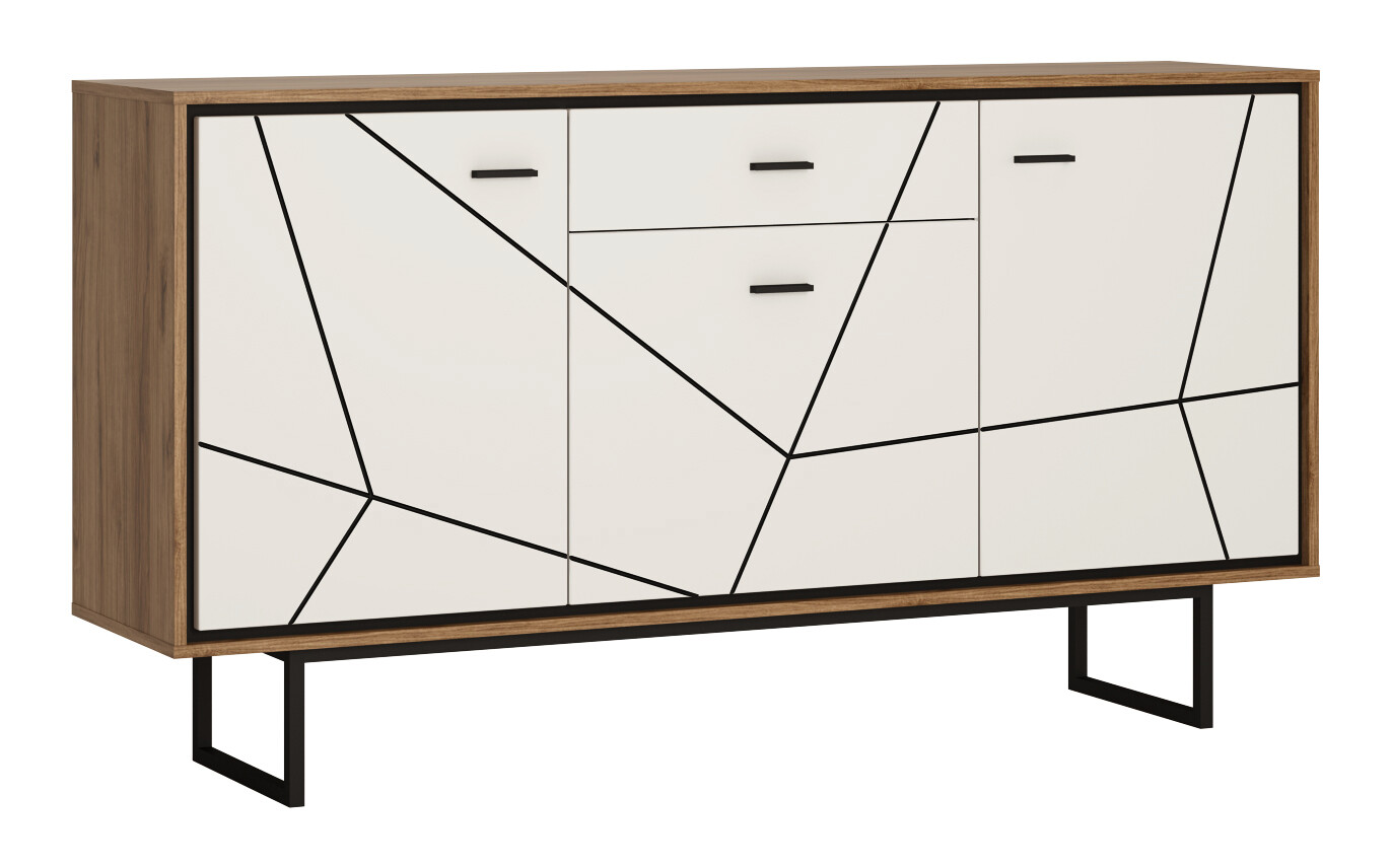 Sideboard Brolo Eiche Cleveland Nachbildung weiß Hochglanz schwarz B/H/T: ca. 167x90x40 cm