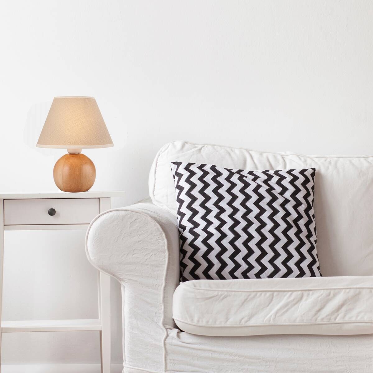 Lamkur Tischleuchte Ball natur Holz Stahl Stoff H/L: ca. 24x19 cm E27 1 Brennstellen