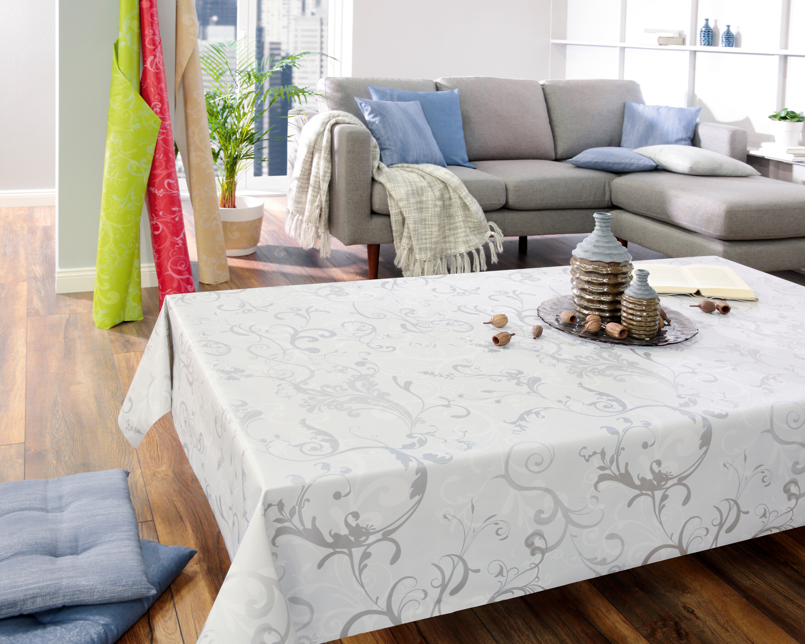 Milano Abwaschbarer Tischbelag Ranke Silbergrau B: ca. 140 cm