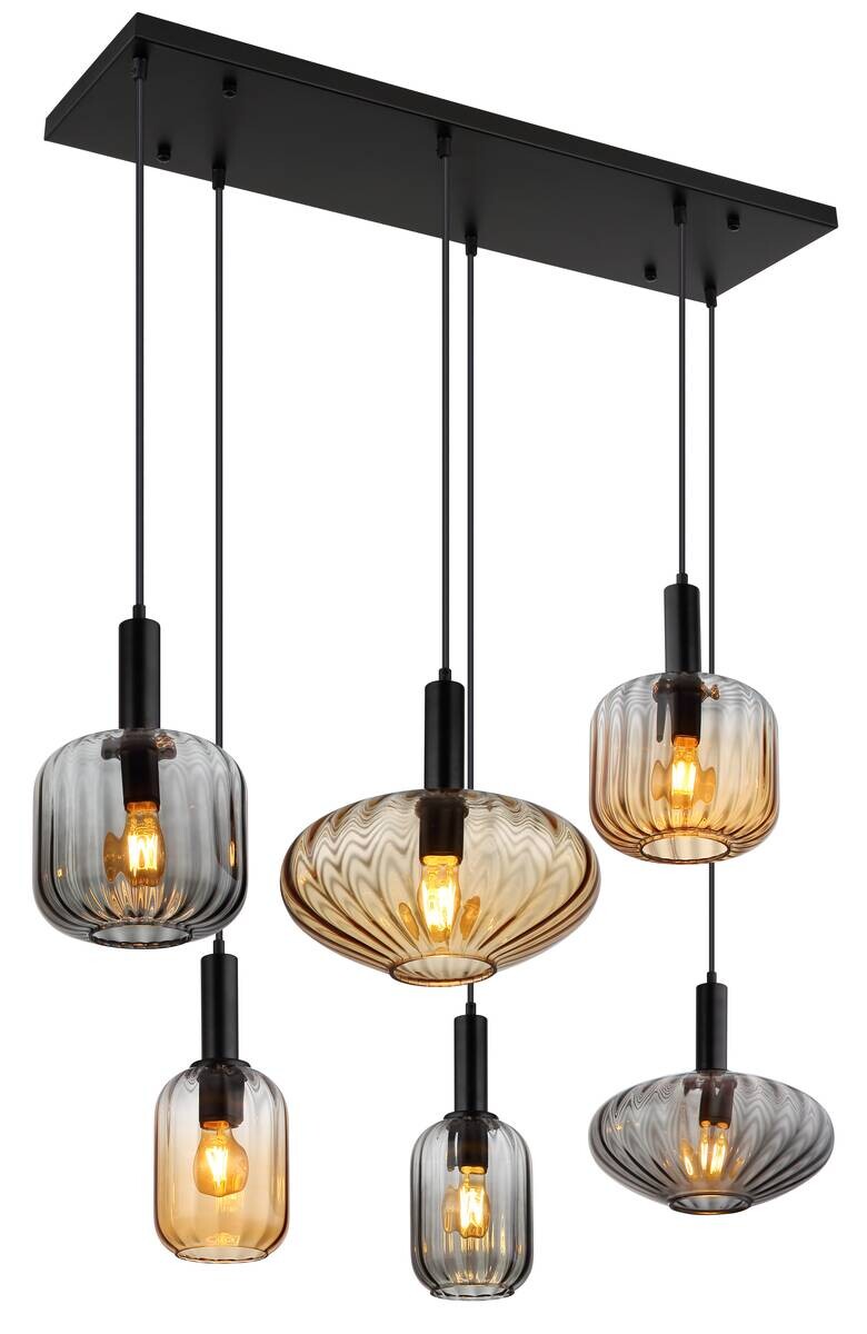 GLOBO Pendelleuchte schwarz Rauch amber Metall Glas PVC B/H/L: ca. 47x150x100 cm E27 6 Brennstellen