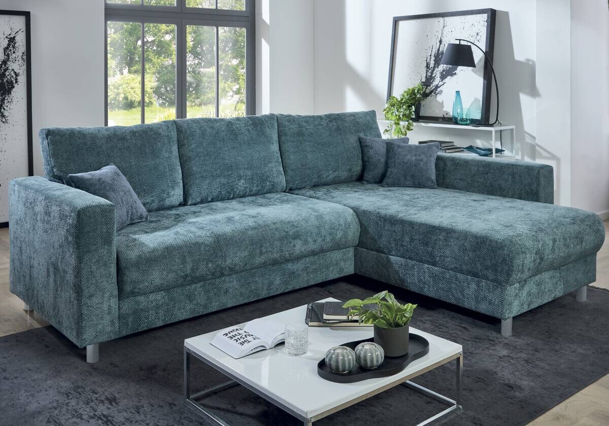 Ecksofa mit Bettfunktion und Bettkasten dunkelblau Microfaser B/H/T: ca. 252x89x195 cm Ecksofa mit Bettfunktion und Bettkasten dunkelblau Microfaser B/H/T: ca. 252x89x195 cm