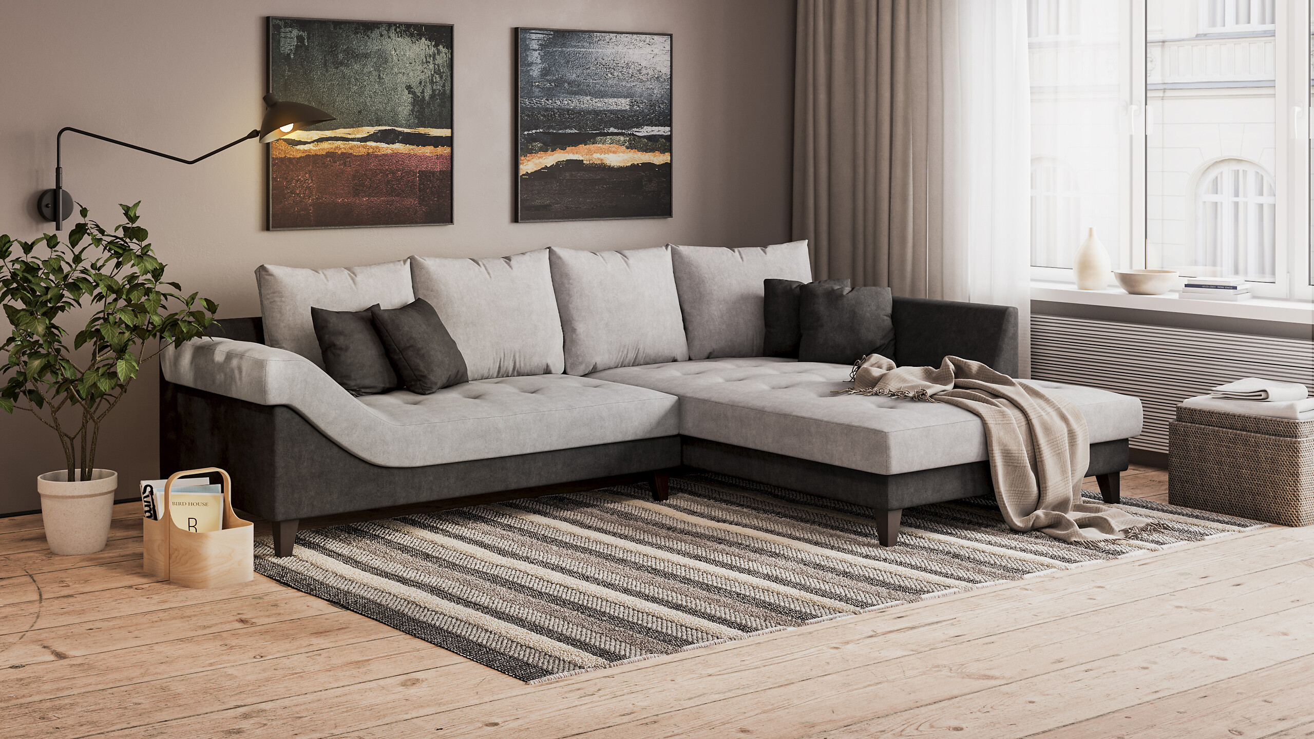 Ecksofa grau schwarz B/H/T: ca. 306x92x202 cm