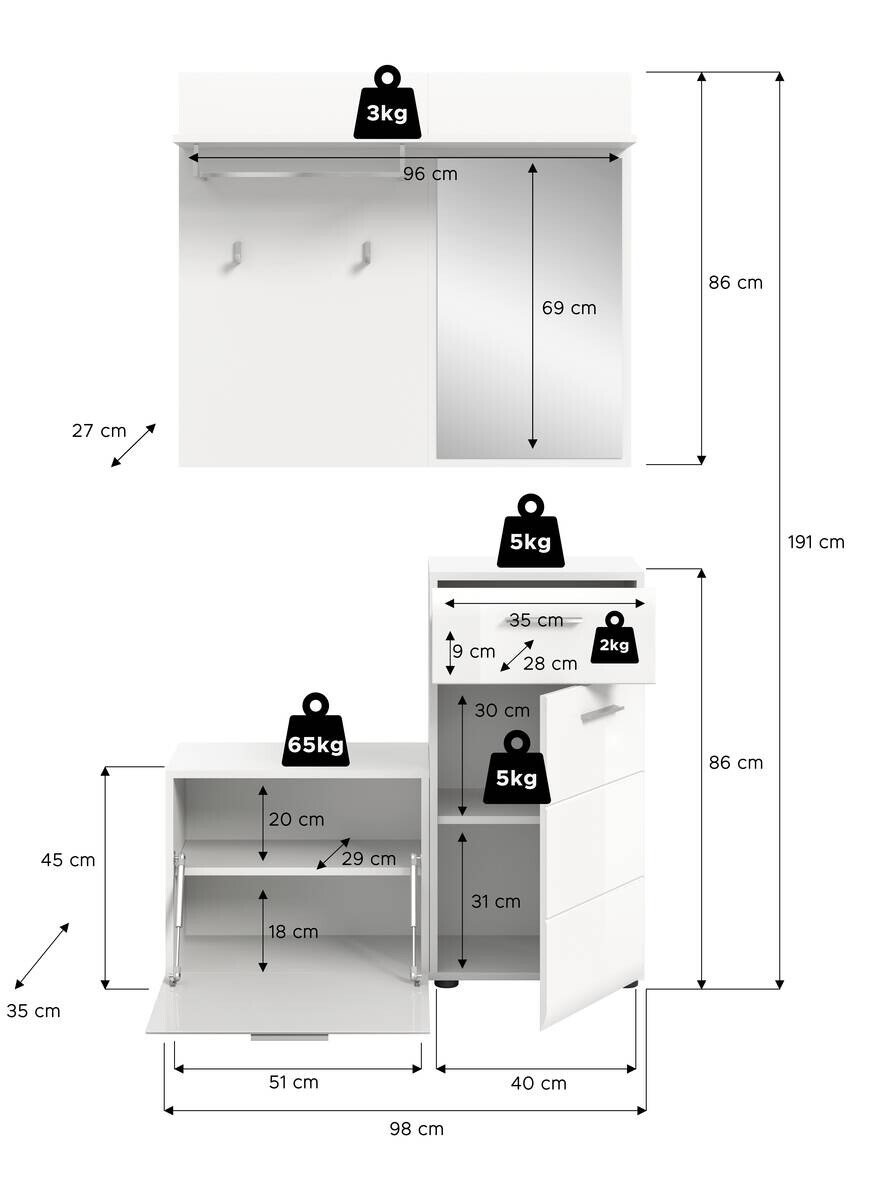 Garderobe Ice weiß weiß Hochglanz Spiegel B/H/T: ca. 98x191x35 cm