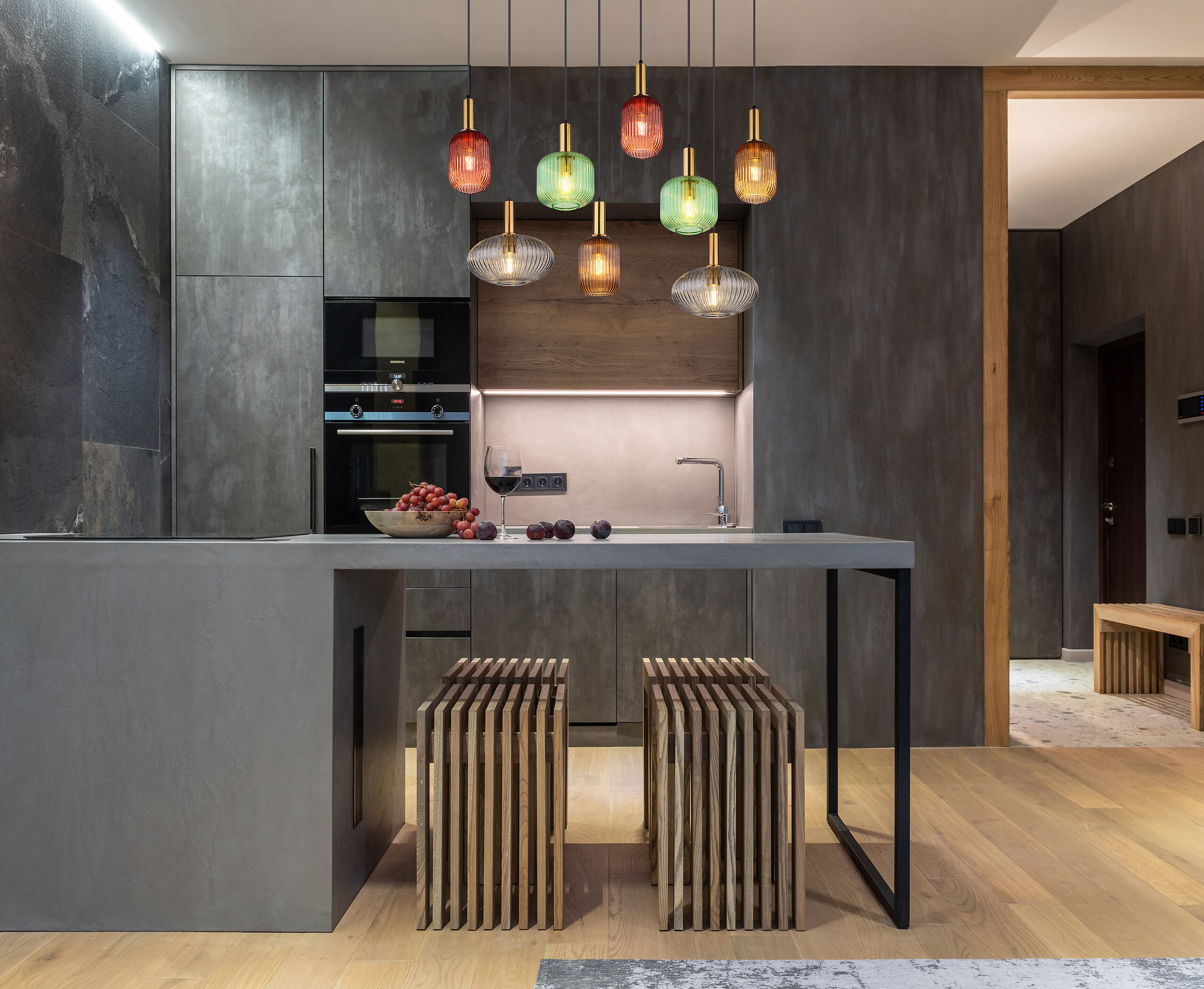 Pendelleuchte Normy messing Metall Glas B/H/L: ca. 48x125x125 cm E27 8 Brennstellen