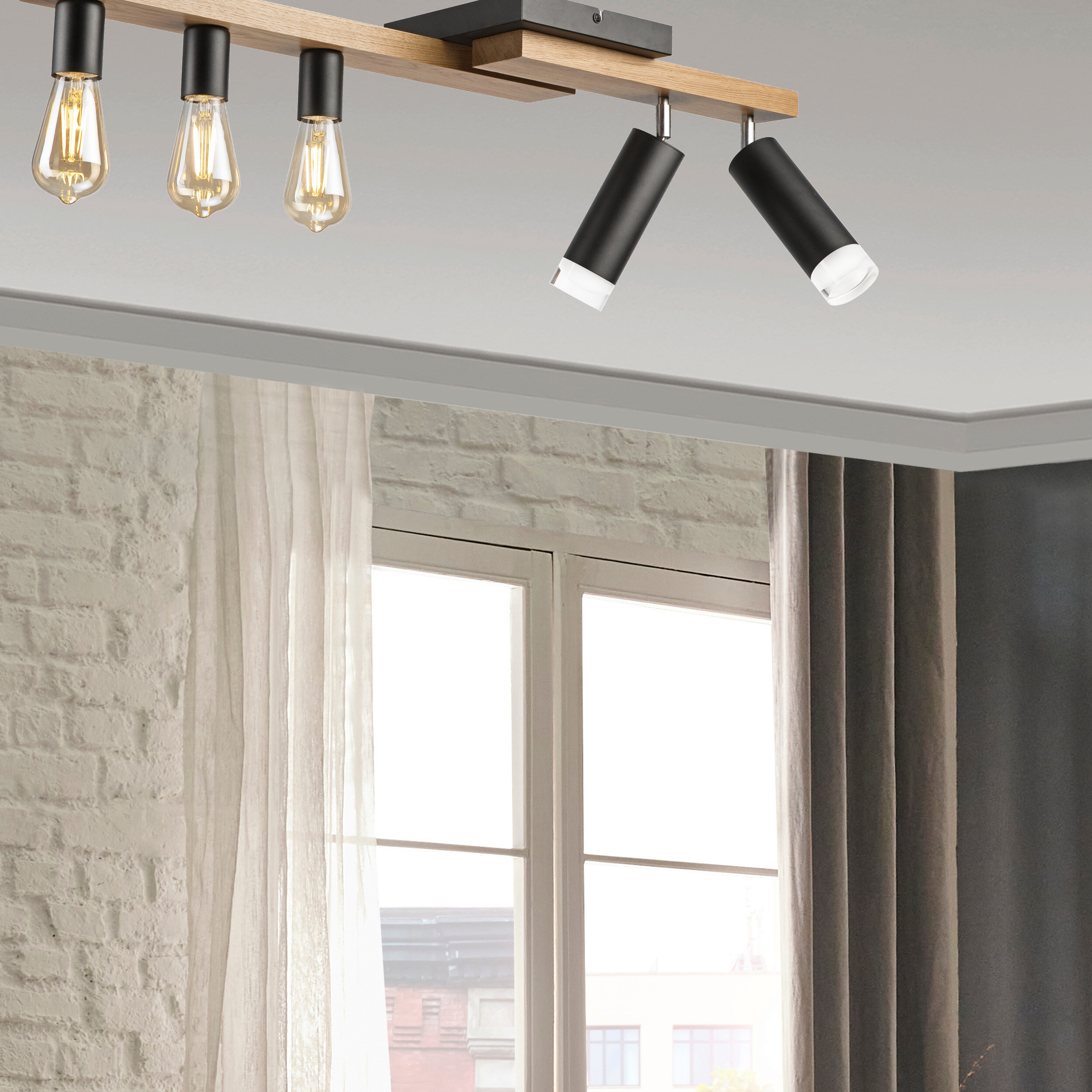 Lamkur Deckenleuchte schwarz Holz B/H/L: ca. 20x23,5x84 cm E27 5 Brennstellen