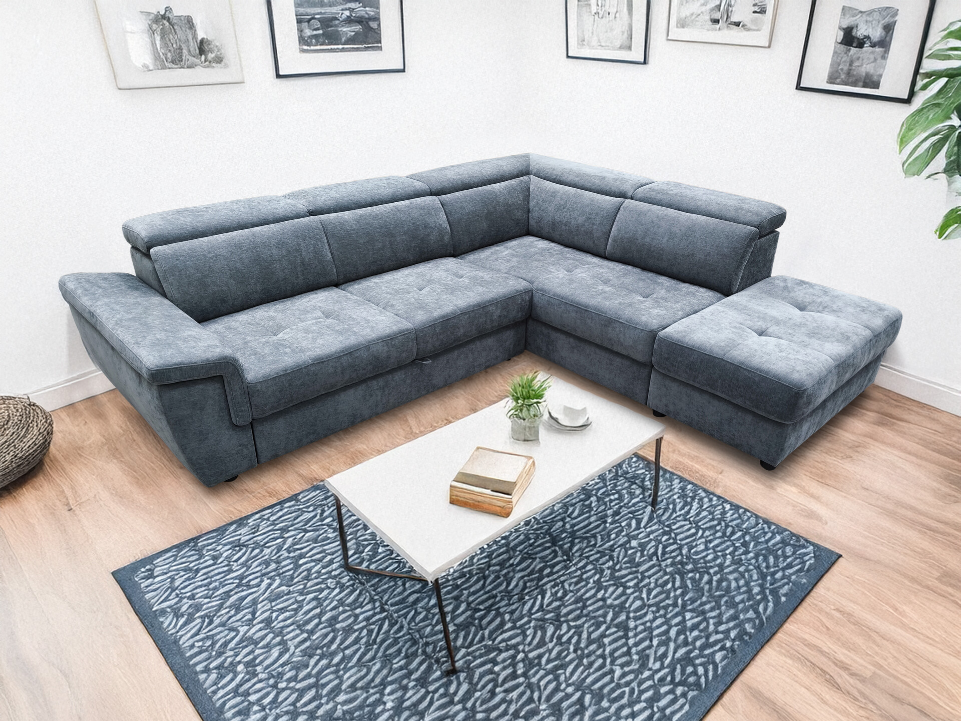 Ecksofa mit Bettfunktion und Bettkasten blaugrau Flachgewebe B/H/T: ca. 267x75x238 cm