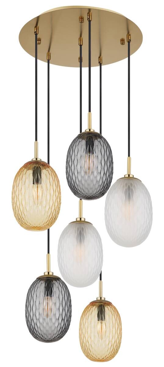 GLOBO Pendelleuchte Rauch gold schwarz Metall Glas Textil H/D: ca. 120x47 cm E14 6 Brennstellen