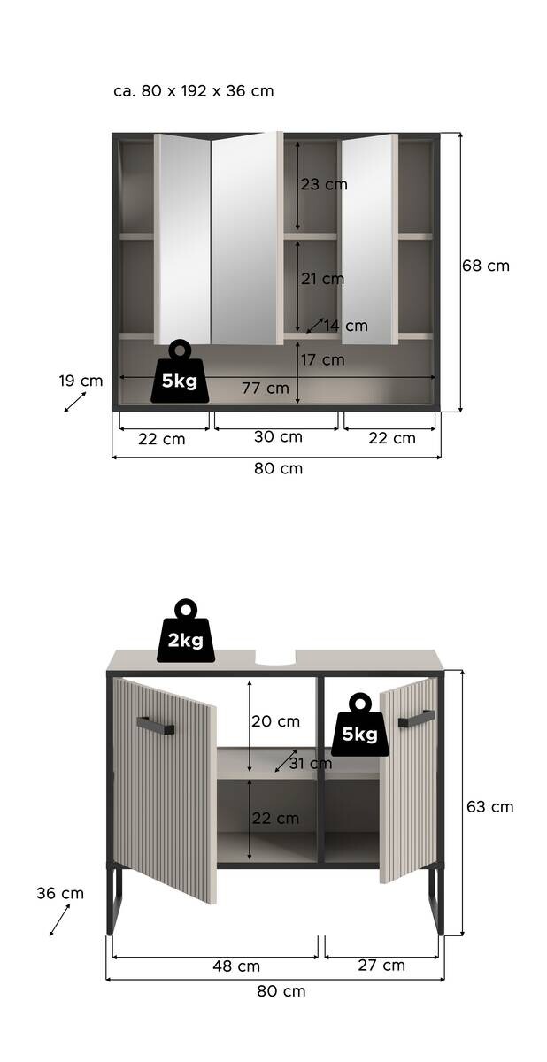 Badezimmer-Set BAGNO schwarz Kaschmirgrau Nachbildung B/H/T: ca. 80x192x36 cm