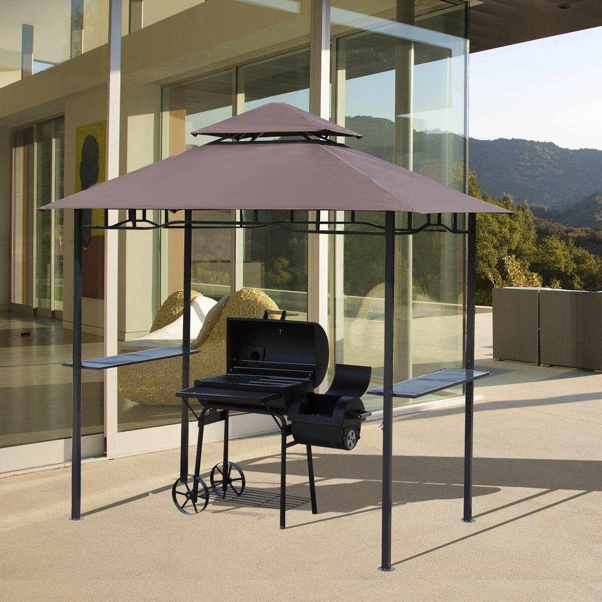 Outsunny Gartenpavillon café braun Stahl B/H/L: ca. 150x255x245 cm