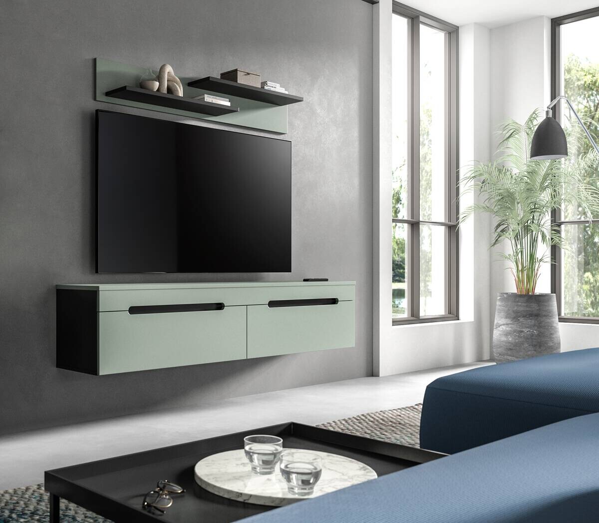 TV-Lowboard Canu grün basaltgrau Nachbildung B/H/T: ca. 170x38x33 cm