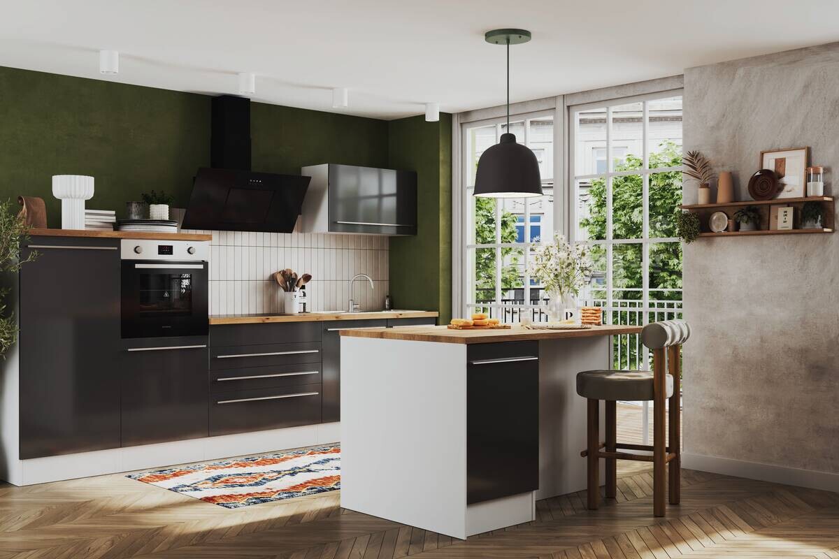 Respekta Inselküche Gabriel grau Hochglanz B/H/T: ca. 320x200x60 cm