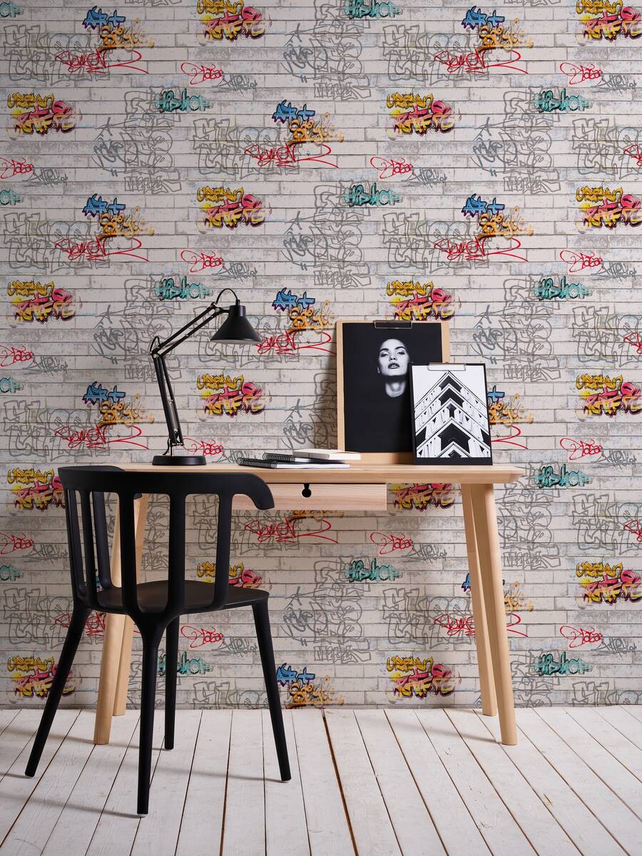 Papiertapete Graffiti weiß bunt B/L: ca. 53x1005 cm