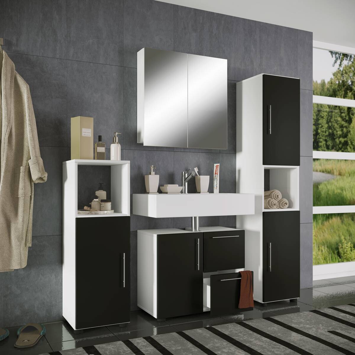 Badezimmer-Set Flandu weiß schwarz B/H/T: ca. 123x160x32 cm