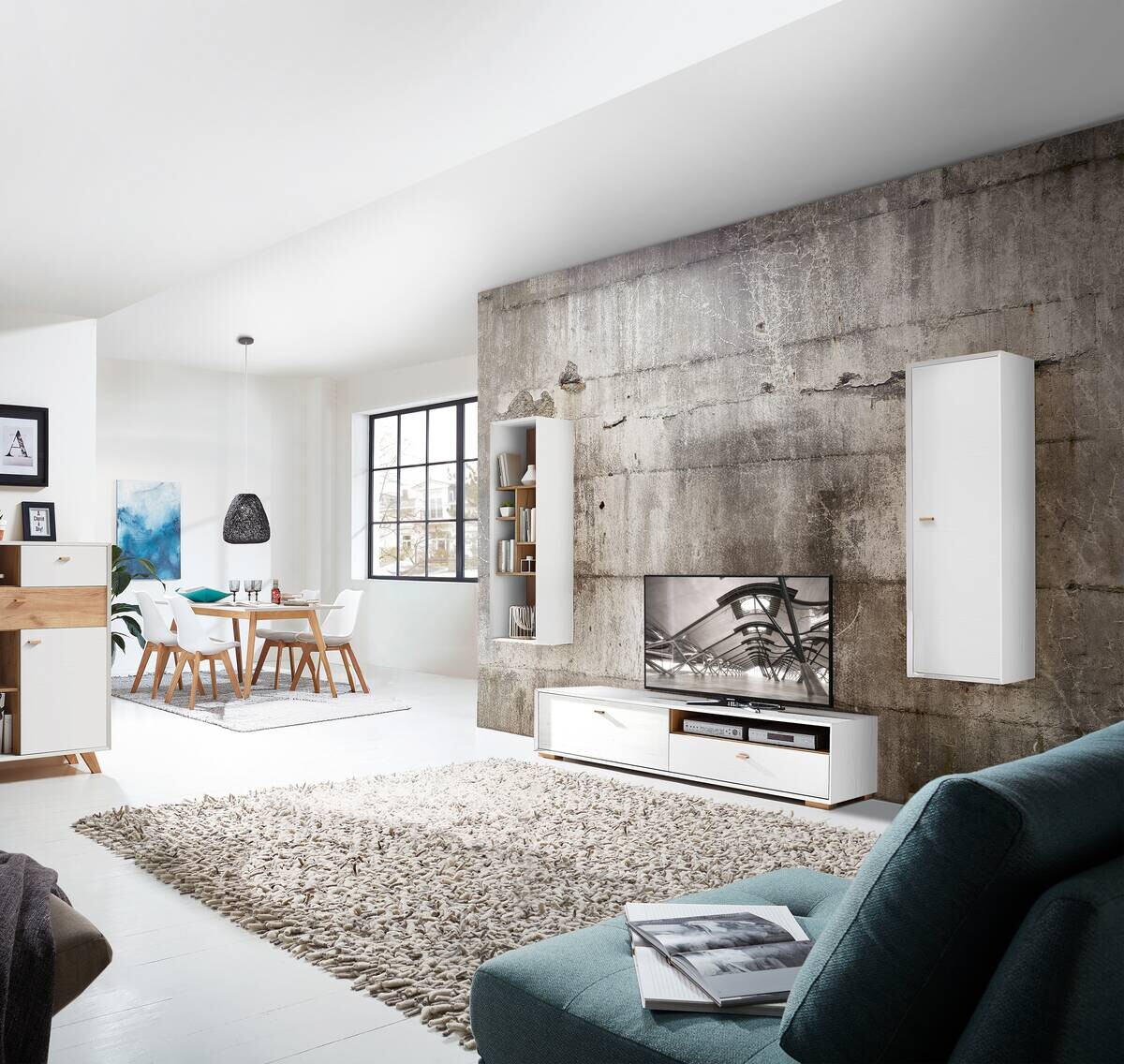 Wohnwand-Set Calvi weiß Pinie Nachbildung Eiche Navarra Nachbildung B/H/T: ca. 279x200x45 cm