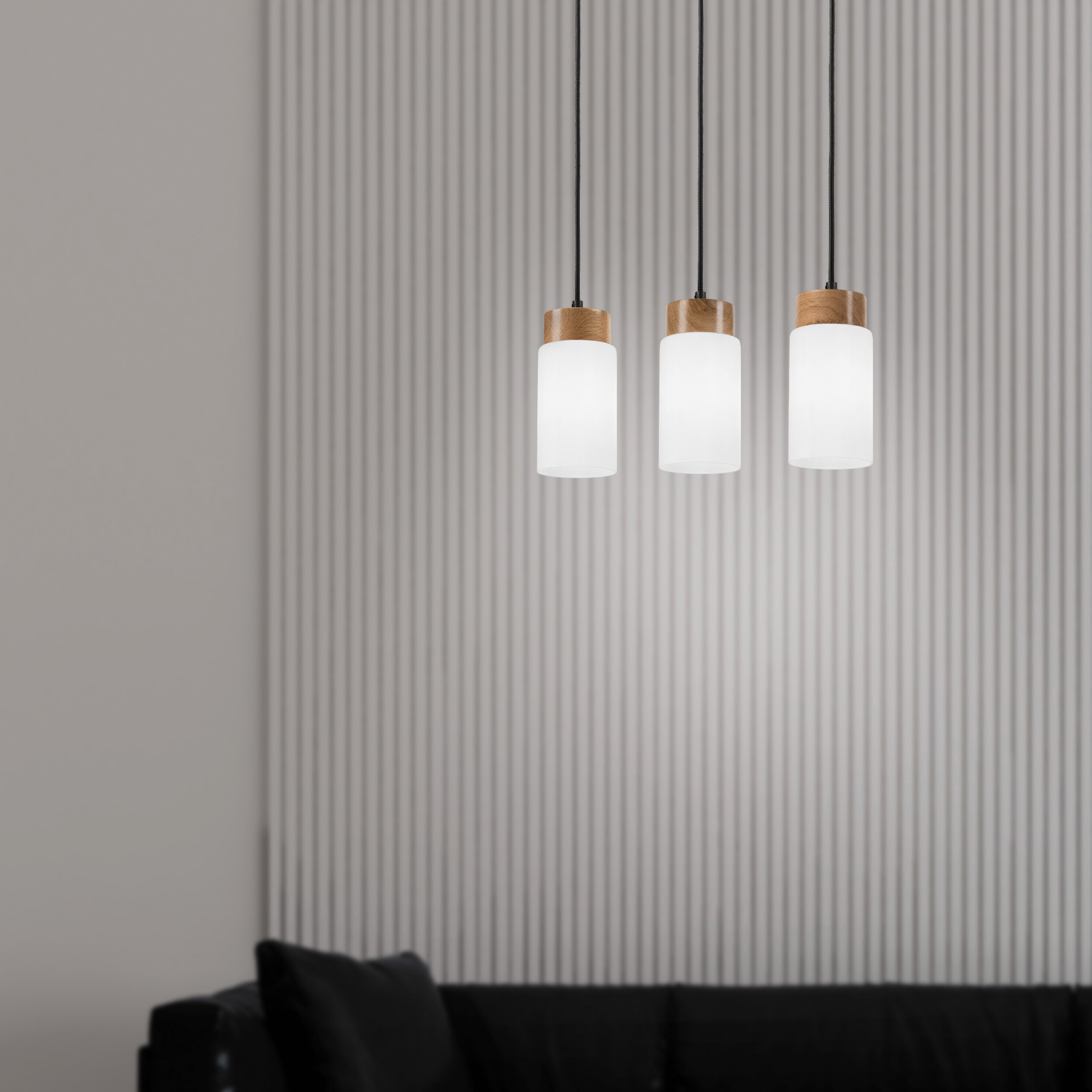 Lamkur Hängeleuchte Marcus schwarz Glas Stahl Holz B/H/L: ca. 65x20x20 cm E27 3 Brennstellen