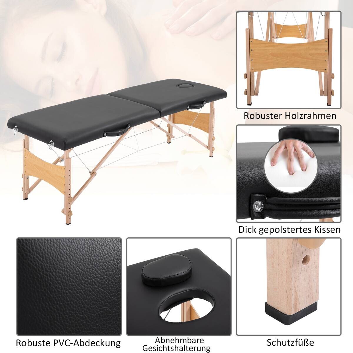 HOMCOM Massageliege schwarz Holz B/H/L: ca. 60x186x58 cm