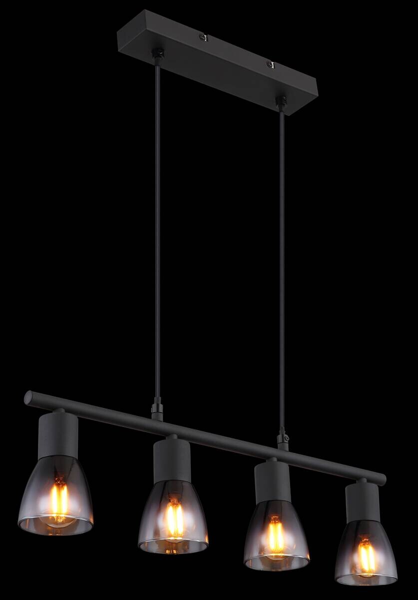 GLOBO Pendelleuchte klar Rauch mattschwarz Metall Glas B/H/T: ca. 52x120x7,2 cm E14 4 Brennstellen