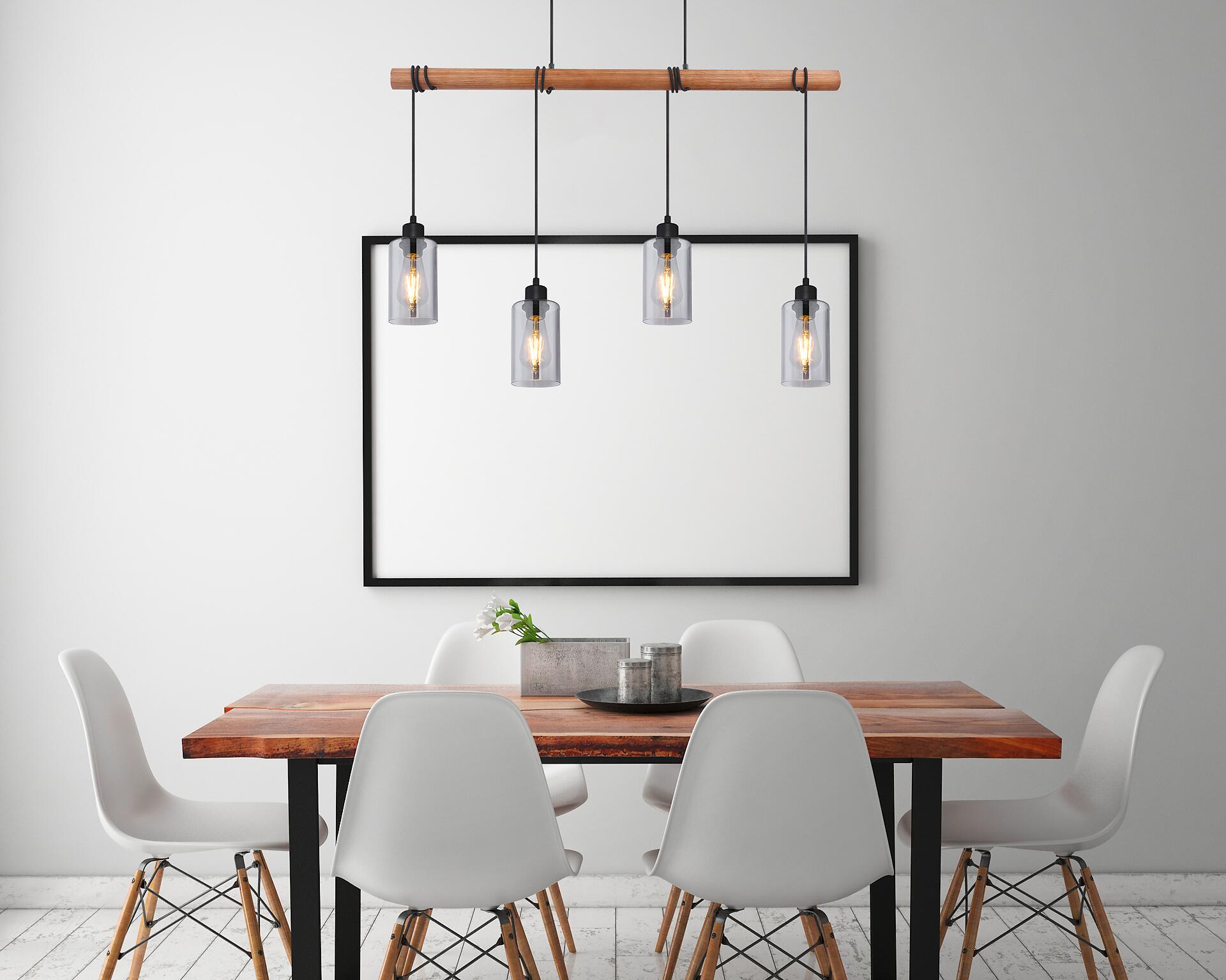 GLOBO Pendelleuchte Hadera schwarz natur Metall Holz Rauchglas B/H/T: ca. 98x130x15 cm E27 4 Brennstellen