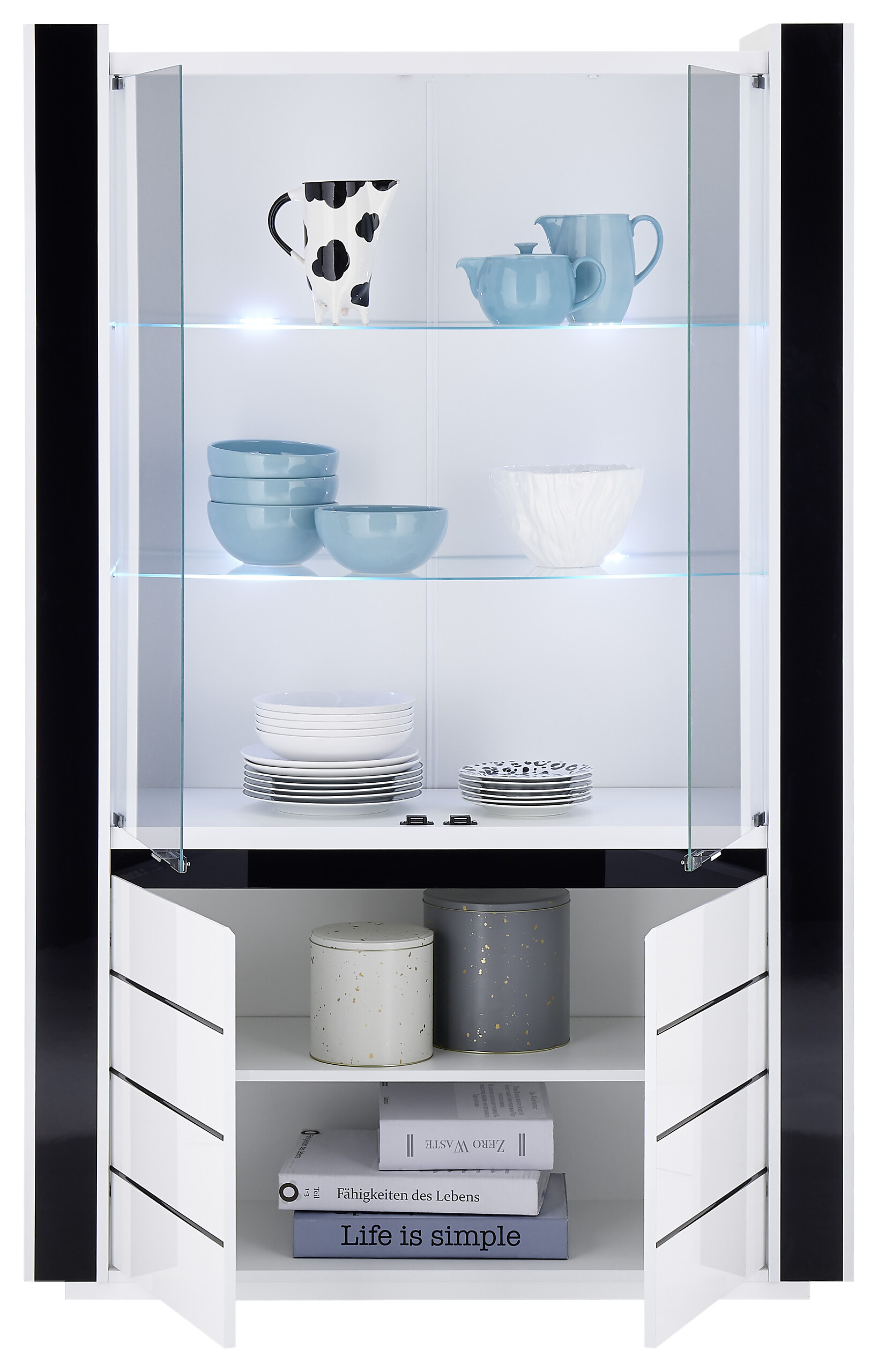 Vitrine Savona weiß Hochglanz schwarz Hochglanz B/H/T: ca. 120x185x45 cm