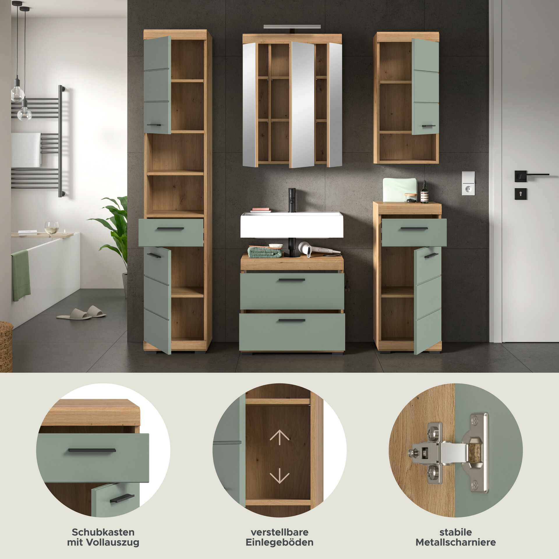 Badezimmer-Set Scout Eiche Artisan Nachbildung salbei Nachbildung B/H/T: ca. 164x191x37 cm