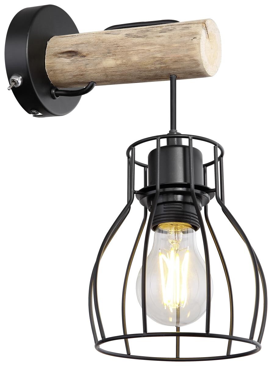 GLOBO Wandleuchte Mina schwarz natur Metall Echtholz B/H/L: ca. 14x30x18 cm E27 1 Brennstellen