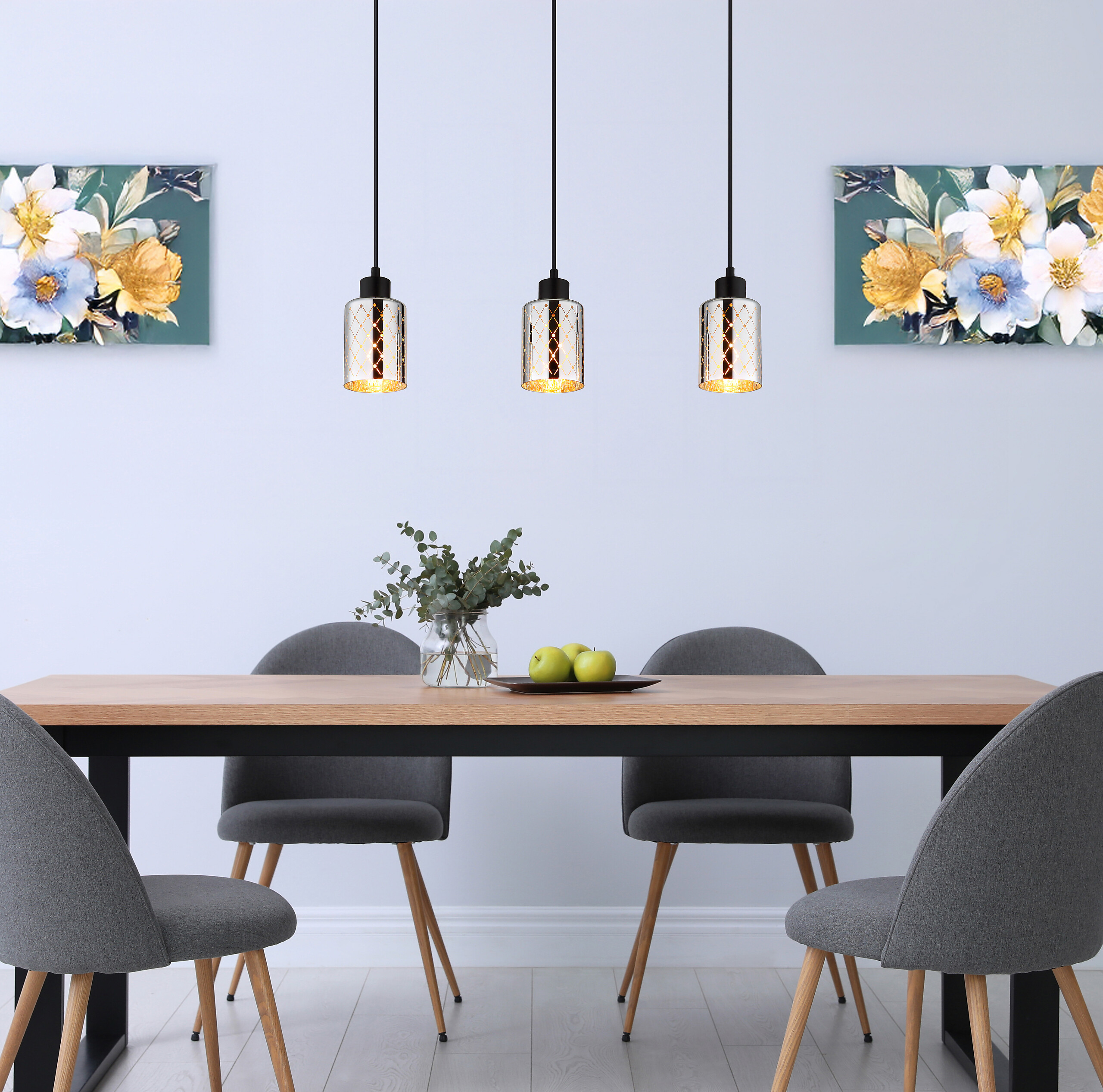 GLOBO Hängeleuchte mattschwarz klar Chrom PVC Glas Metall B/H/L: ca. 9x120x59 cm E27 3 Brennstellen