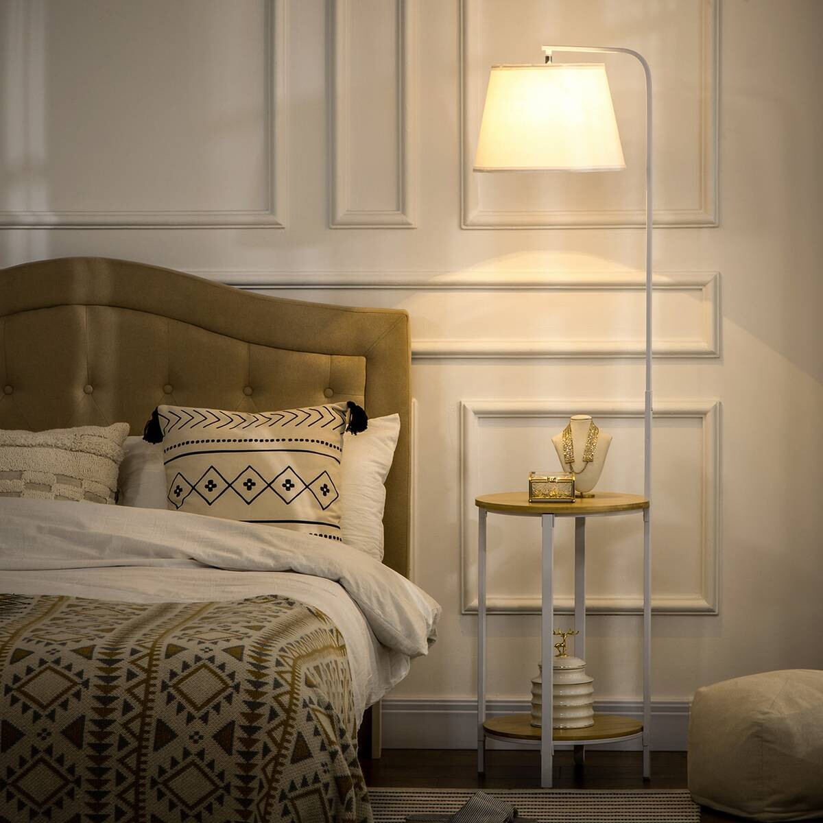 HOMCOM Stehleuchte cremeweiß Stahl Polyester Bambus B/H/T: ca. 39,5x162x43 cm