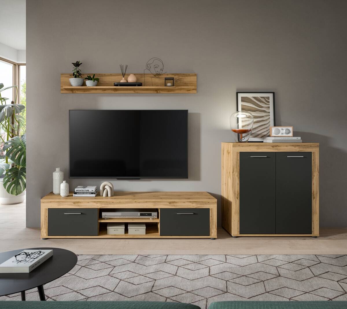 Wohnwand Jam Eiche Wotan Nachbildung grau B/H/T: ca. 255x159x35 cm