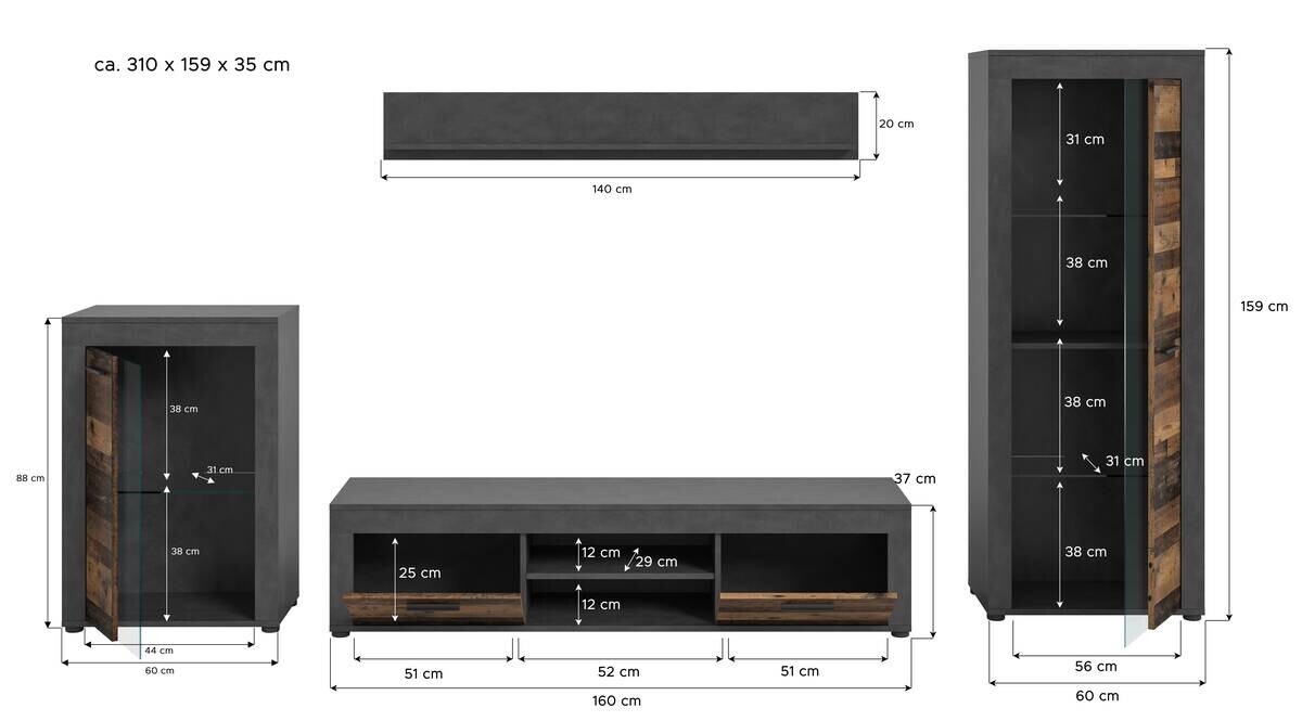 Wohnwand Jam Matera Nachbildung Old Wood Nachbildung B/H/T: ca. 169x310x35 cm