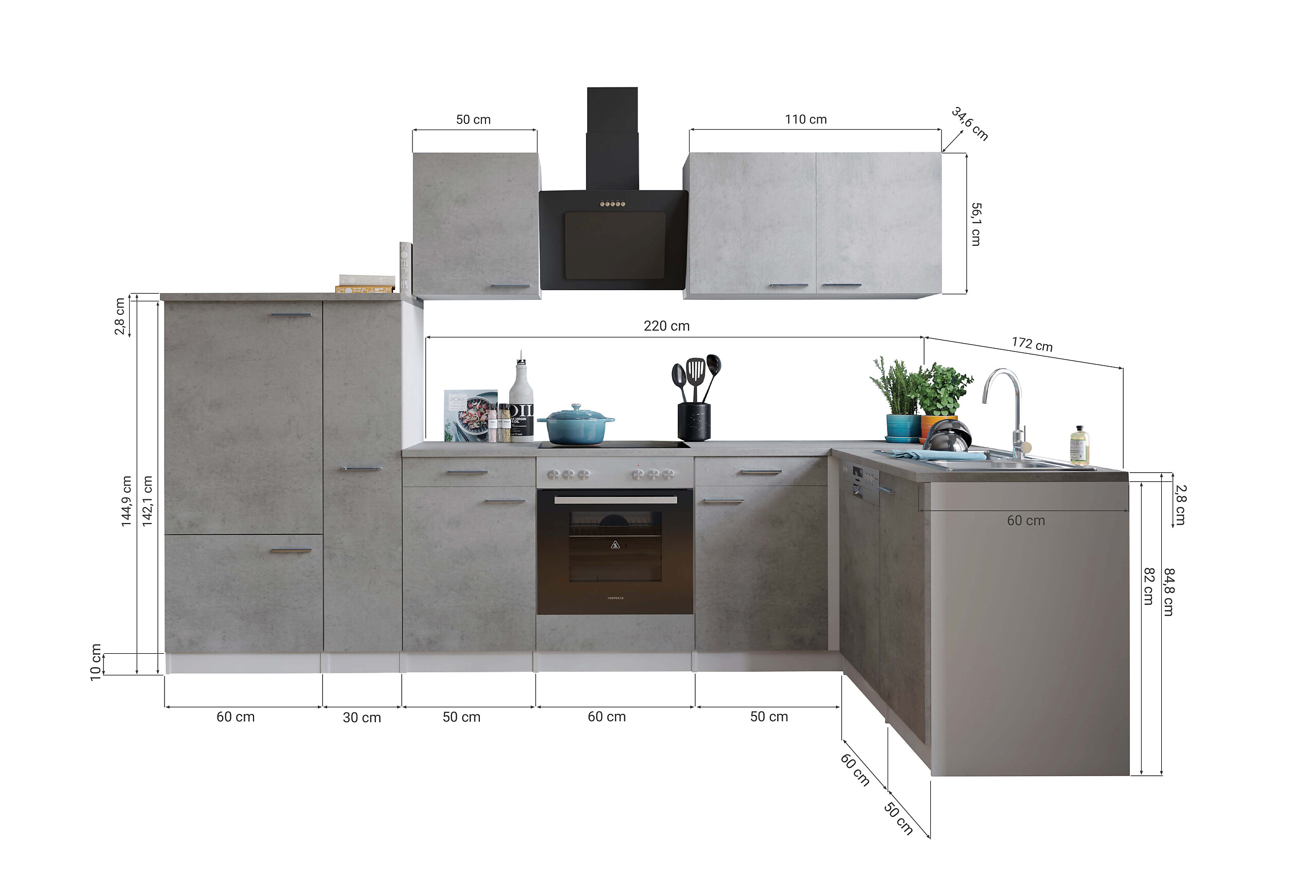 Respekta Winkelküche Malia Beton Optik B/H/T: ca. 310x200x172 cm