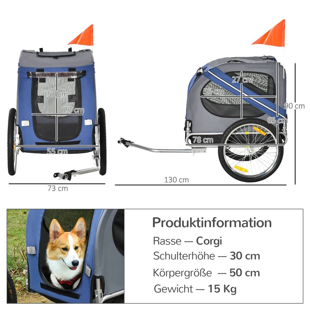 PawHut Fahrradanhänger grau grau B/H/L: ca. 73x130x90 cm