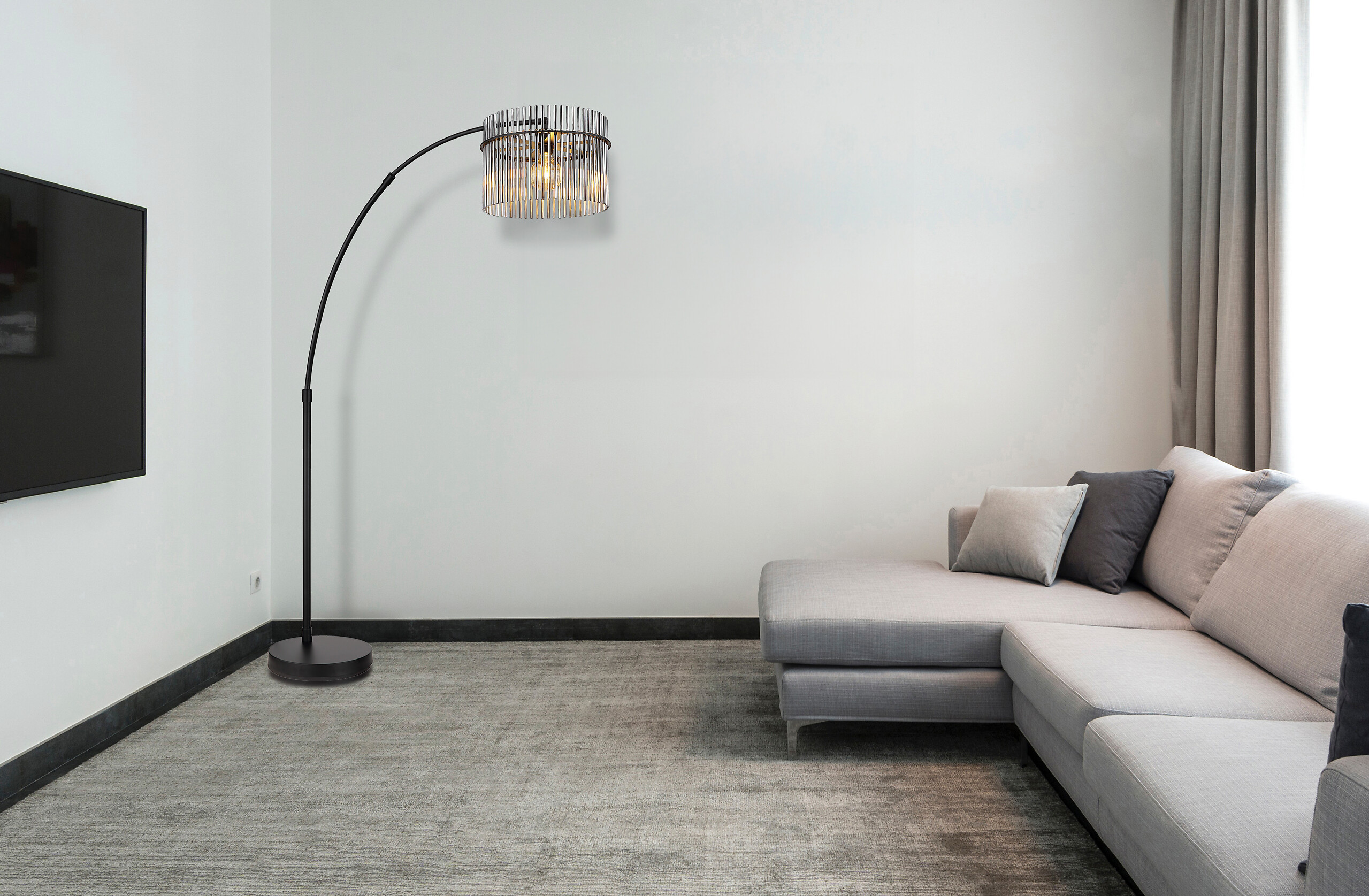 GLOBO Stehleuchte mattschwarz Rauch Metall Glas B/H/L: ca. 38x185x120 cm E27 1 Brennstellen