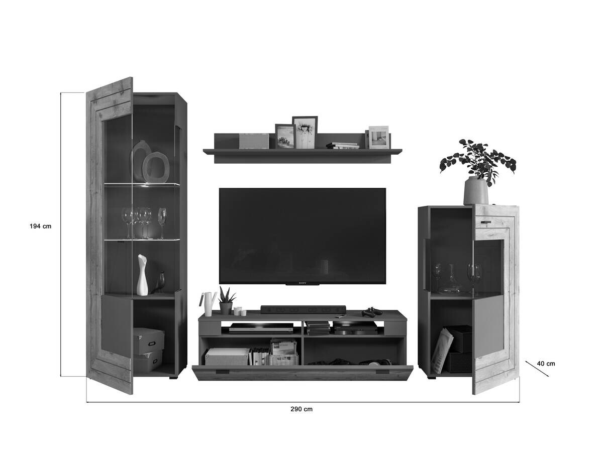 Wohnwand Freno grau matt Eiche Nox Oak Nachbildung B/H/T: ca. 290x194x40 cm