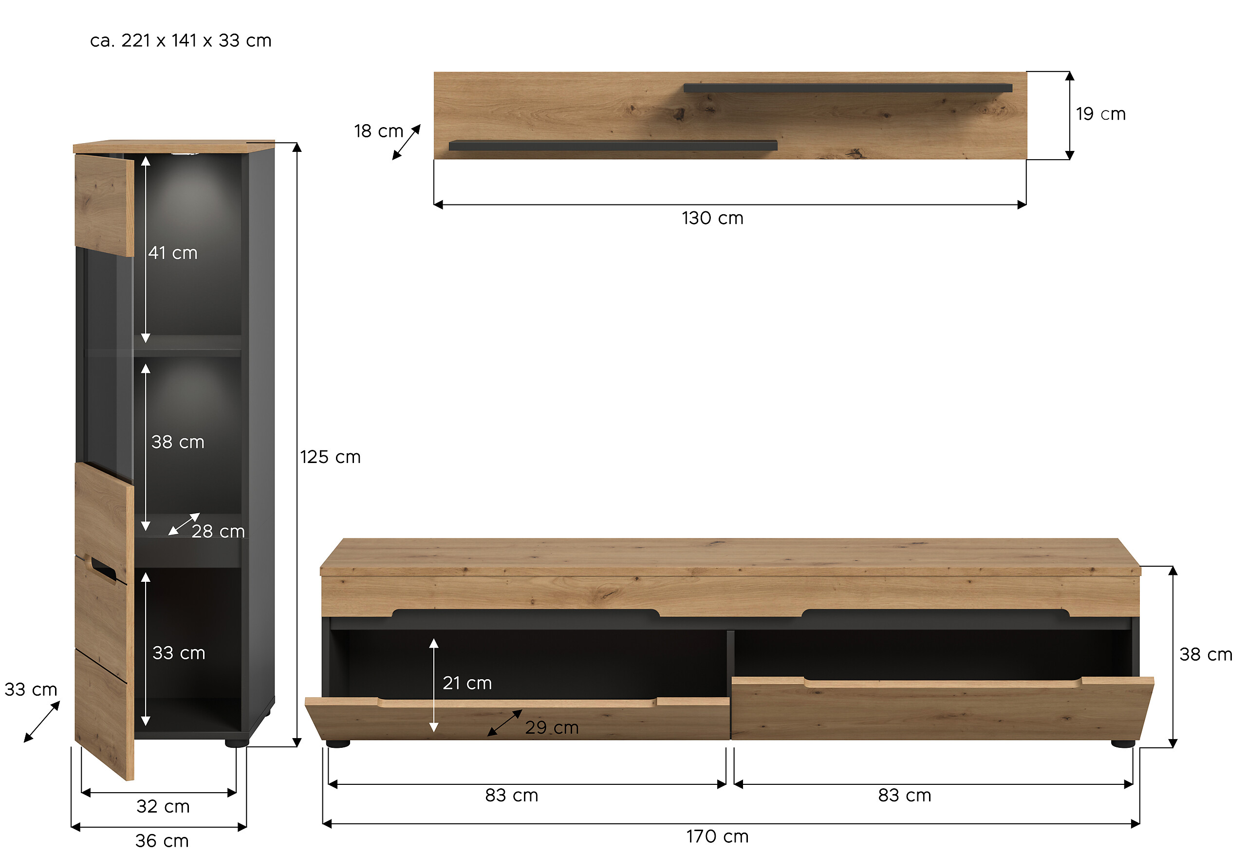Wohnwand Canu basaltgrau Nachbildung Artisan Oak Nachbildung B/H/T: ca. 221x141x33 cm