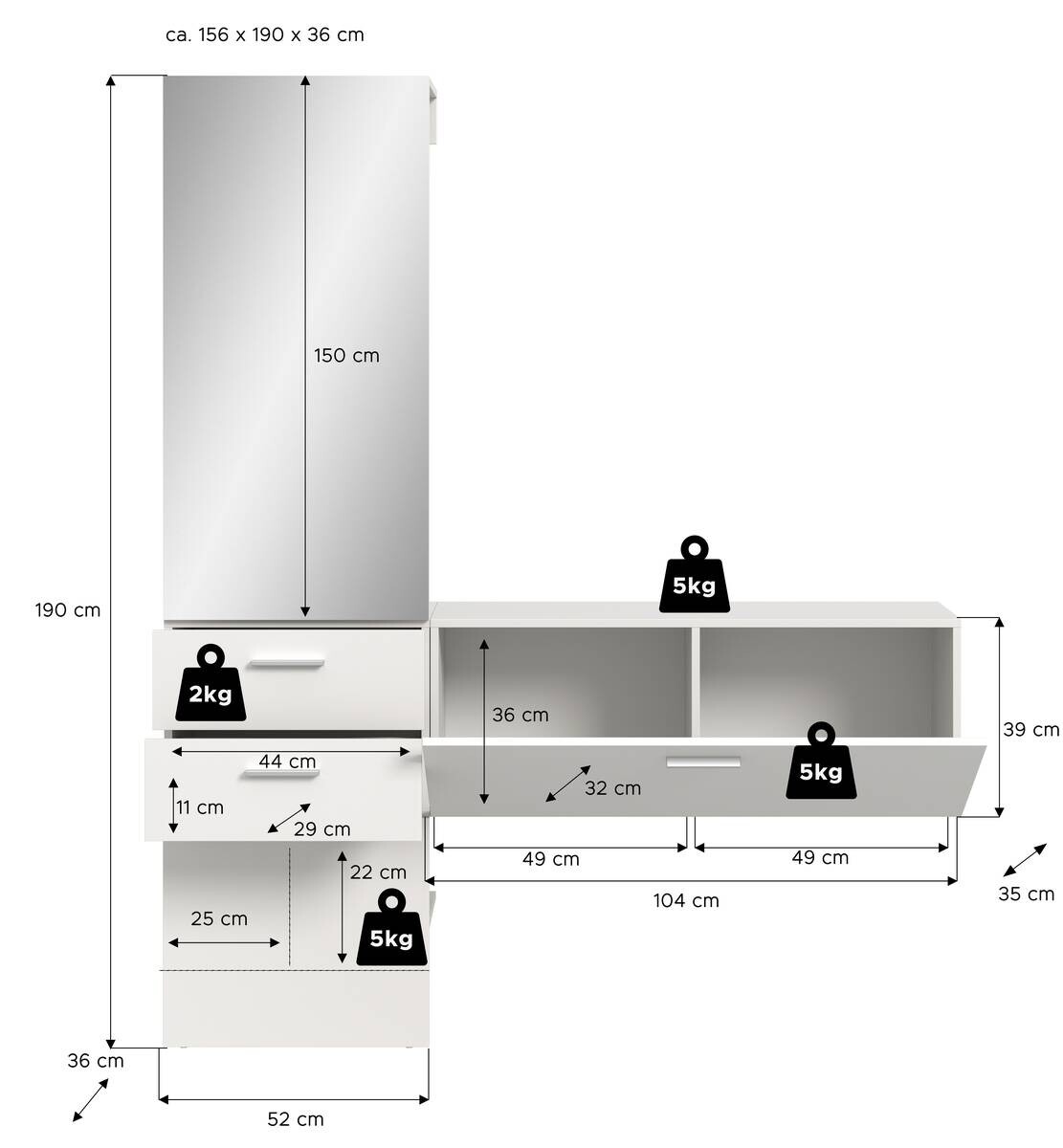 Garderobe VAGA weiß B/H/T: ca. 156x190x36 cm