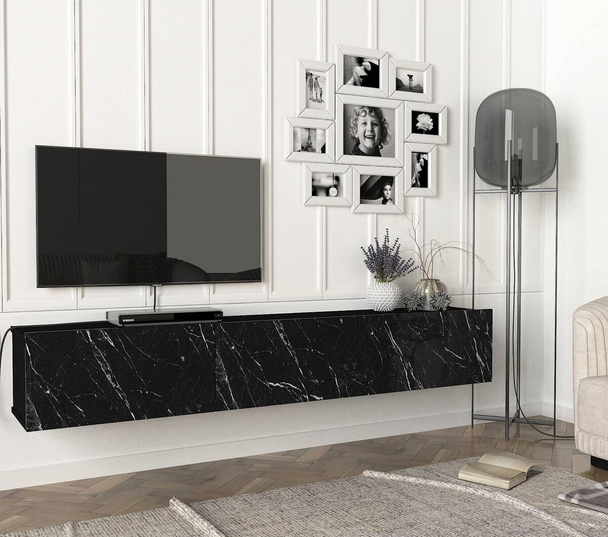 TV-Lowboard Damla schwarz Marmor Optik B/H/T: ca. 180x29,5x29,5 cm