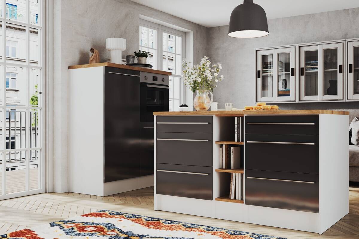 Respekta Inselküche Gabriel grau Hochglanz B/H/T: ca. 320x200x60 cm