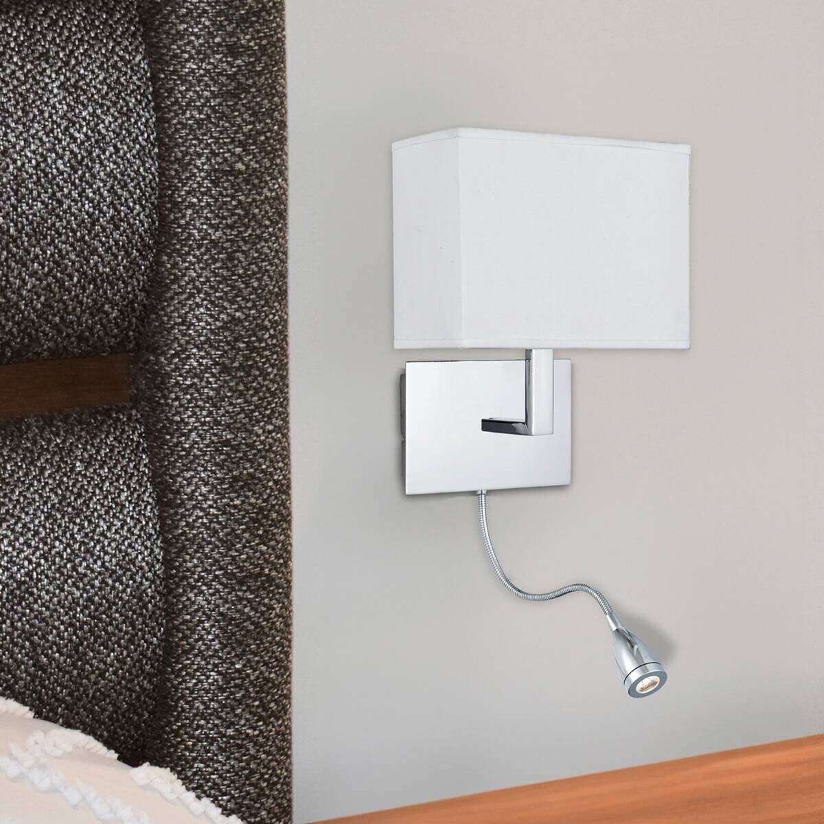 Searchlight Wandleuchte Hotel weiß Chrom Textil Stahl B/H/T: ca. 20x55,5x13,5 cm E27 1 Brennstellen