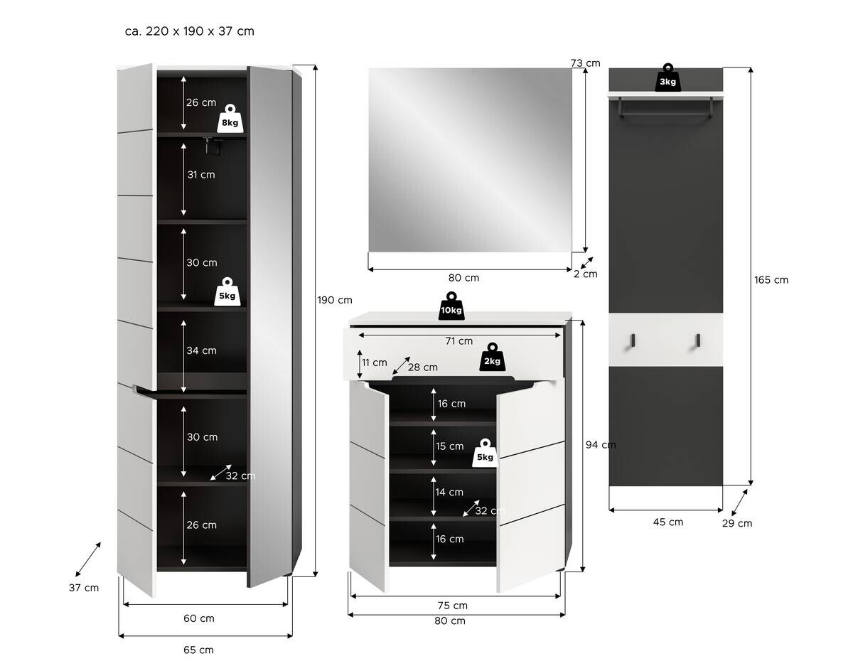 Garderobe Canu basaltgrau Nachbildung weiß B/H/T: ca. 220x190x37 cm