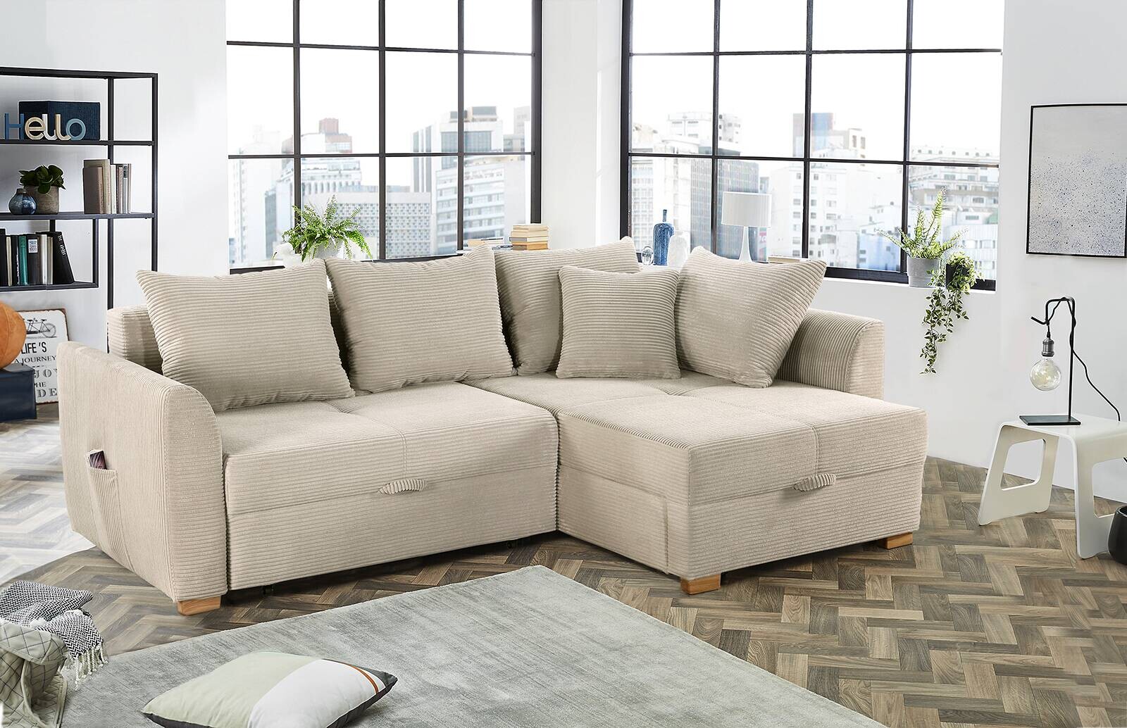 Ecksofa mit Bettfunktion und Bettkasten beige B/H/T: ca. 236x81x160 cm