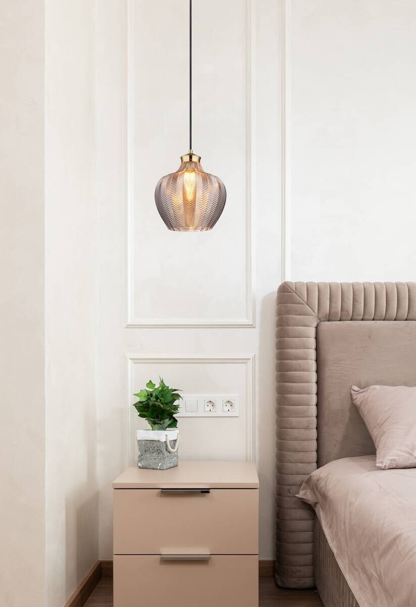 GLOBO Pendelleuchte gold schwarz Rauch Metall Textil Glas H/D: ca. 120x25 cm E27 1 Brennstellen