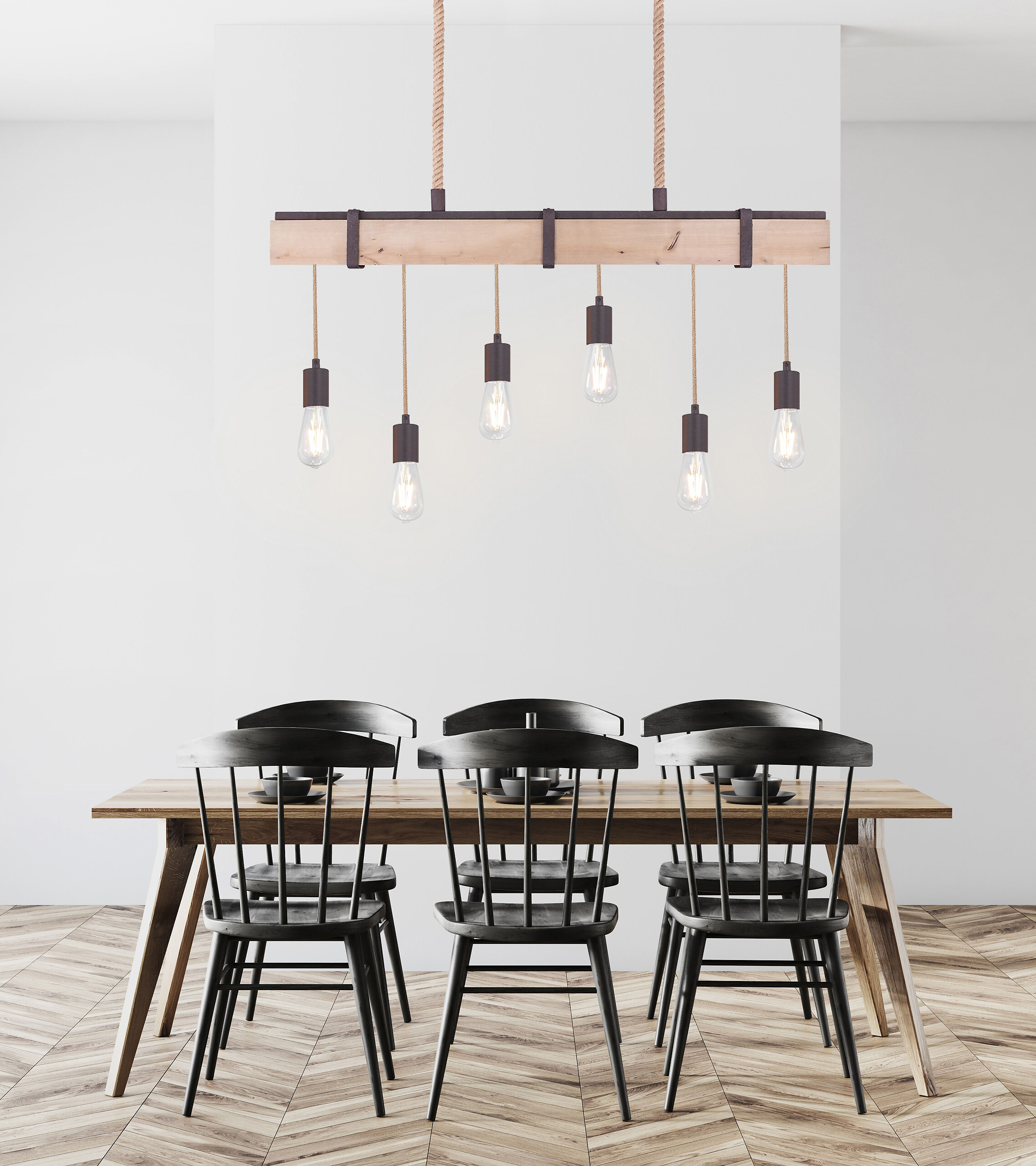 GLOBO Pendelleuchte Mucha rostfarbig Echtholz Metall B/H: ca. 100x167 cm E27 6 Brennstellen