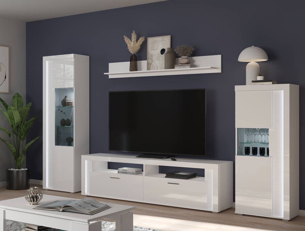 Wohnwand SKYLIGHT weiß weiß Hochglanz Pasol grau B/H/T: ca. 351x202x46 cm