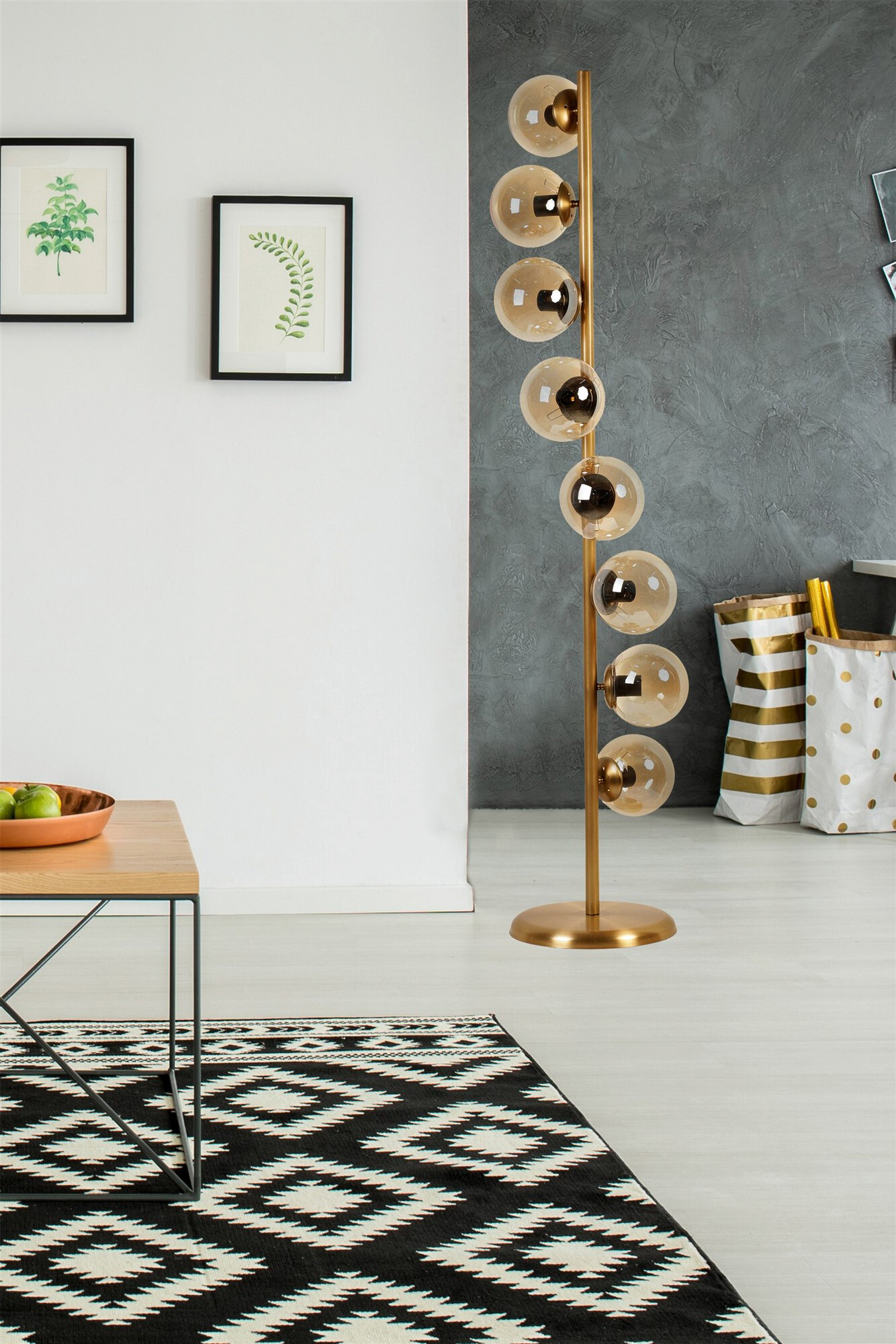 Opviq Stehleuchte gold Glas Metall B/H/L: ca. 30x155x30 cm E27 8 Brennstellen