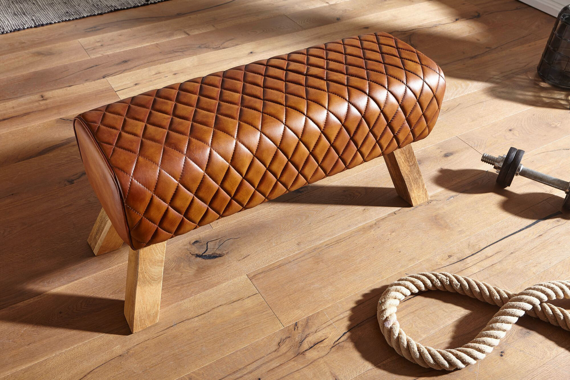 Wohnling Sitzbank braun natur Leder Echtholz B/H/T: ca. 89x46x35 cm