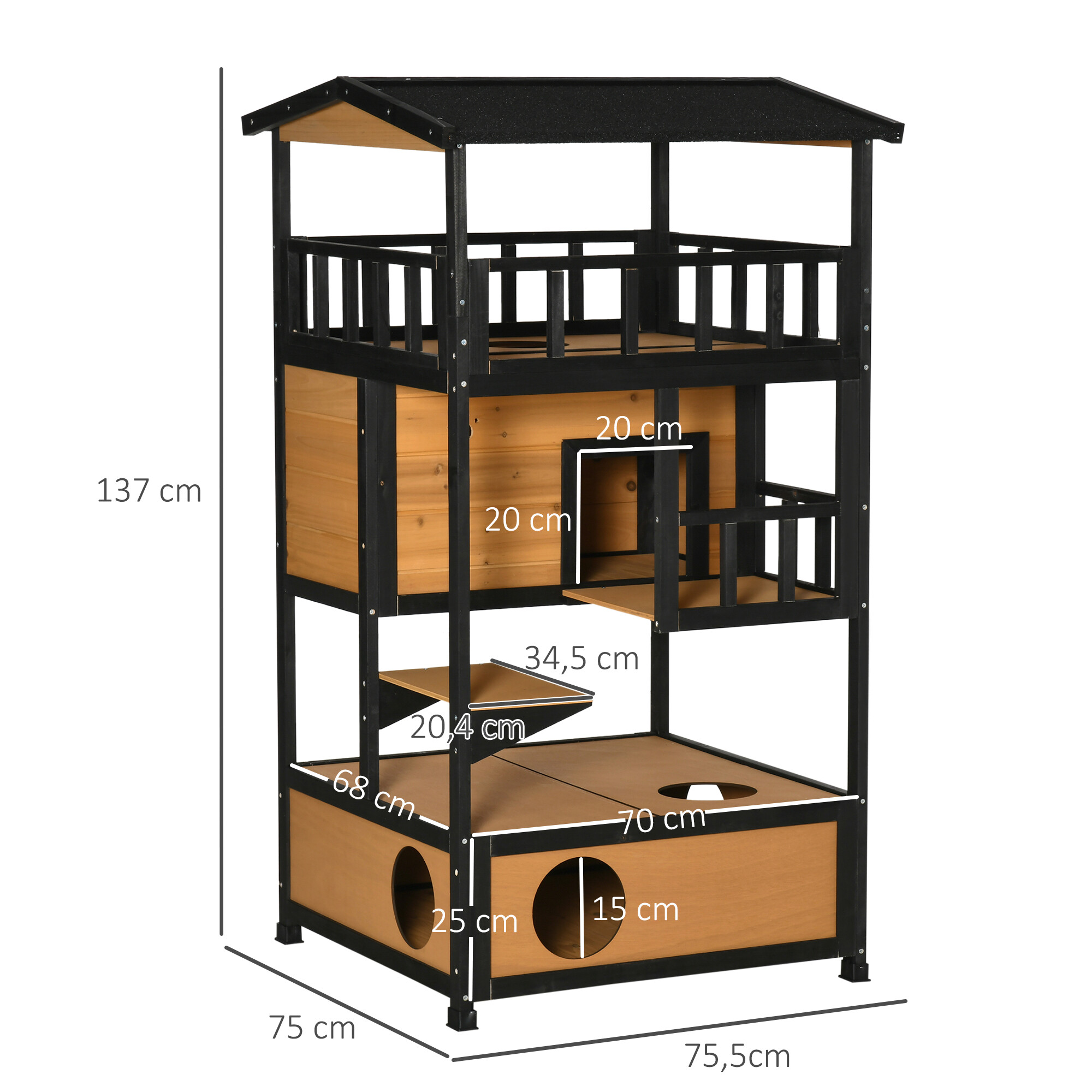 PawHut Katzenhaus schwarz Holz B/H/L: ca. 75x137x75,5 cm
